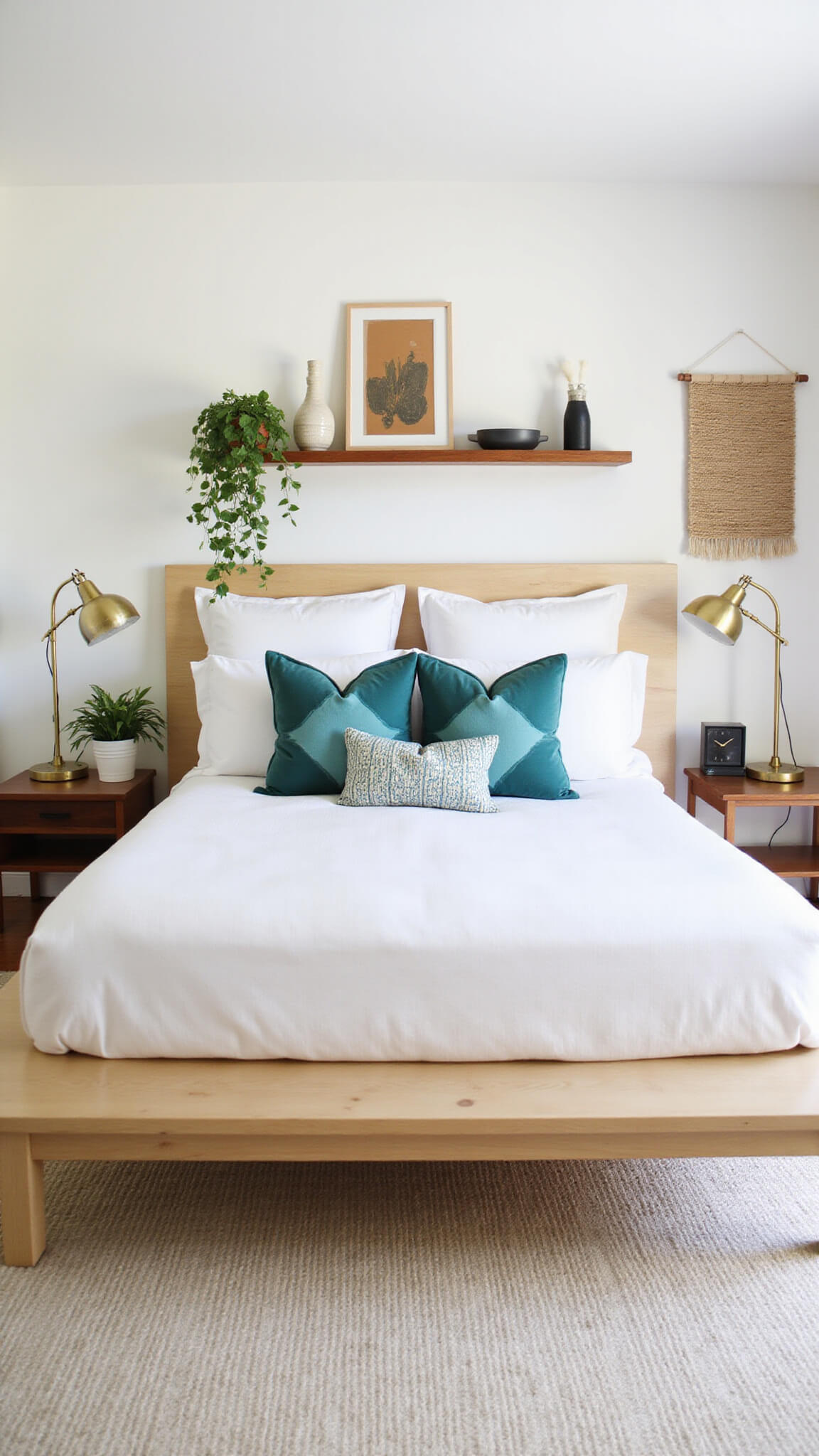 Mid-century bedroom with bleached maple platform bed, white linens, teal geometric pillows, brass floor lamps, vintage pottery on floating shelves, and soft morning light.