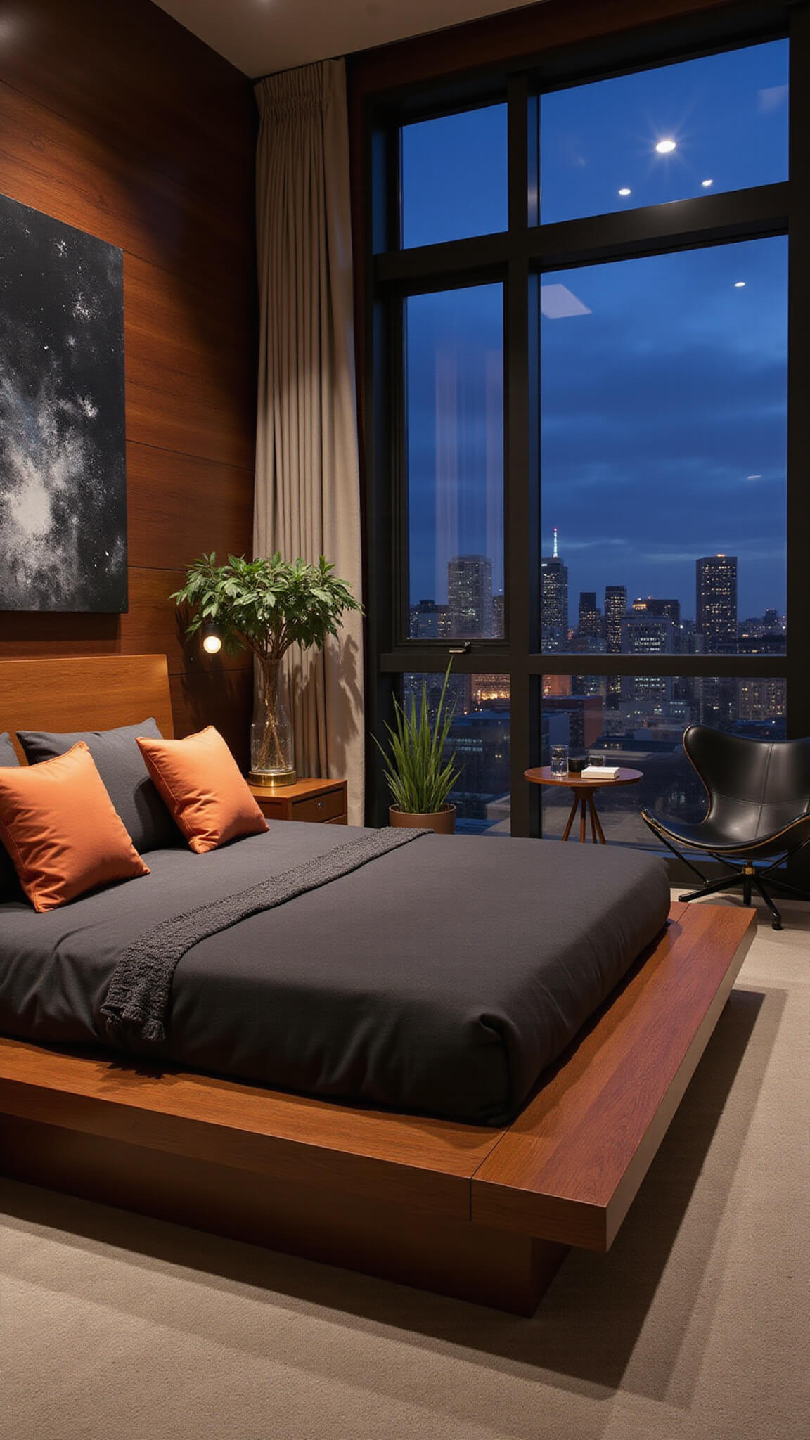 Mid-century bedroom at dusk with teak platform bed, charcoal linens, butterfly chair, pendant lights, and city lights visible through windows.