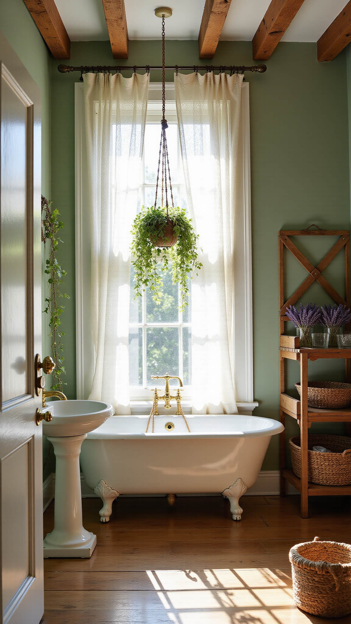 Vintage sunlit bathroom with clawfoot tub under sash window, lace curtains casting soft shadows on sage green walls, brass fixtures, ivy in macramé hanger, and rustic wooden accents.