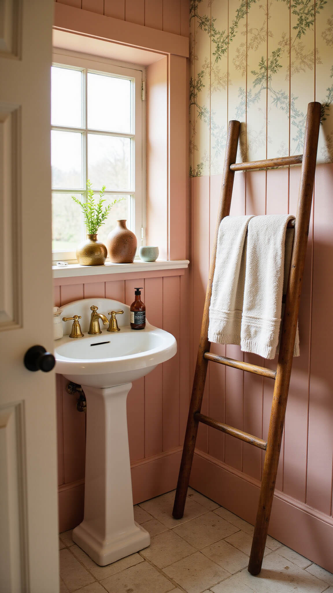 Golden hour light fills a cozy 6x8ft cottage bathroom with a Victorian pedestal sink, blush pink beadboard walls, vintage apothecary bottles, antique brass fixtures, linen towels on a wooden ladder, and ferns casting shadows on wildflower-print wallpaper.