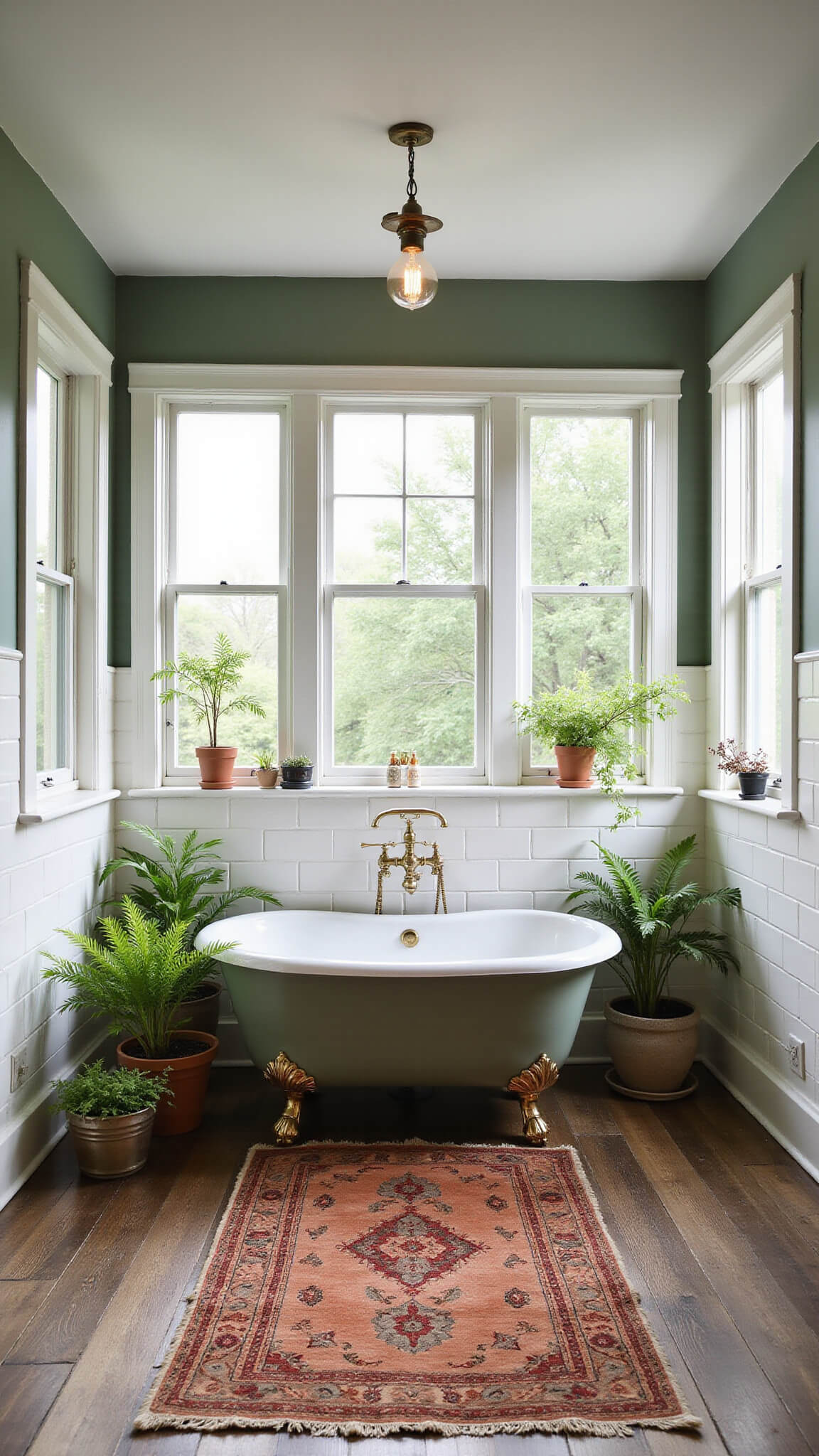 Wide-angle view of a 12x12ft vintage-style bathroom with clawfoot tub on weathered oak floors, surrounded by potted greenery, antique brass fixtures, white subway tiles, muted sage walls, Persian rug, and natural midday light from multiple windows.