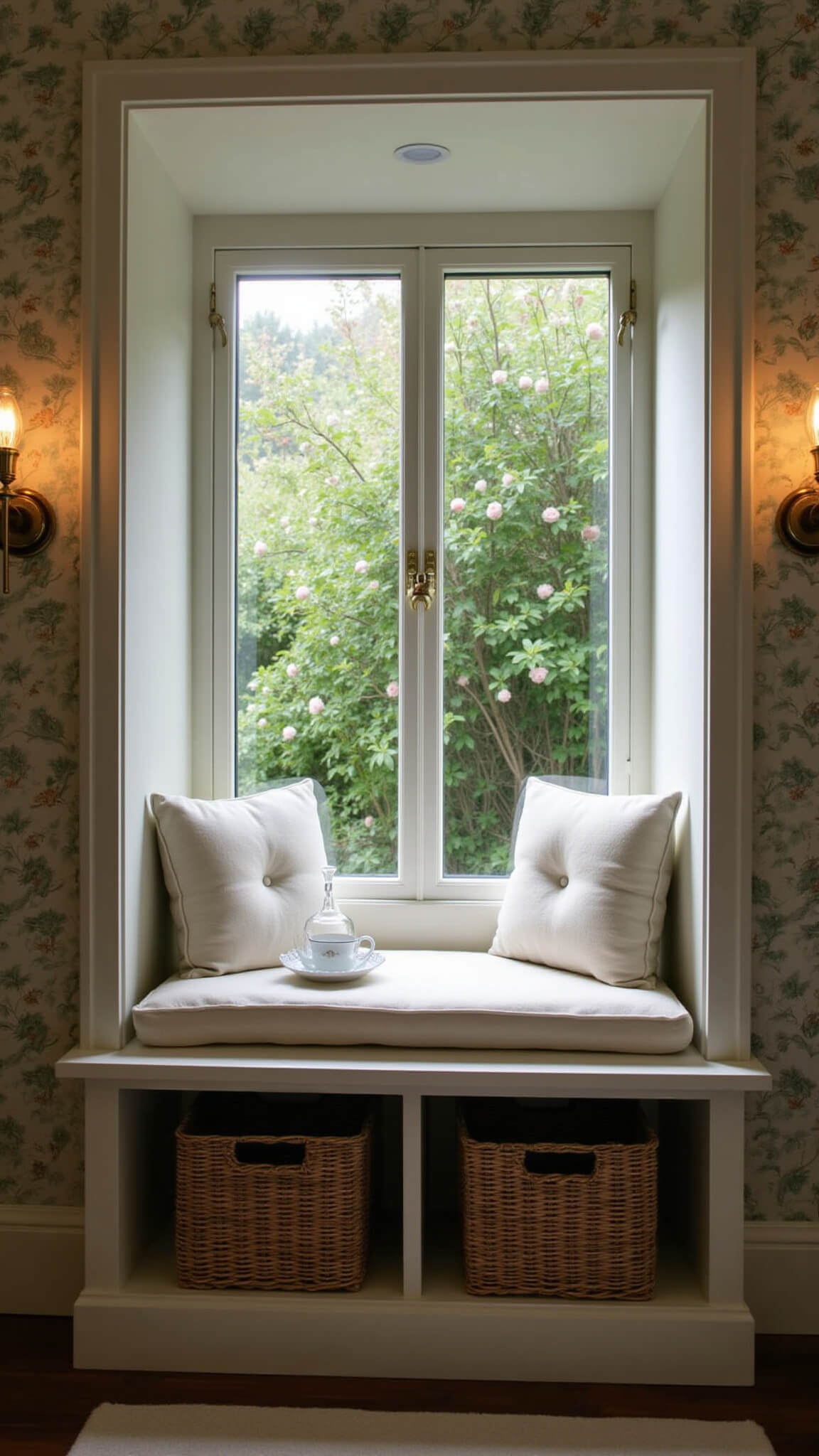 Cozy dusk-lit bathroom with a window seat nook, cream tufted cushions, botanical wallpaper, crystal decanter, teacup, woven baskets, brass sconces, and climbing roses outside.