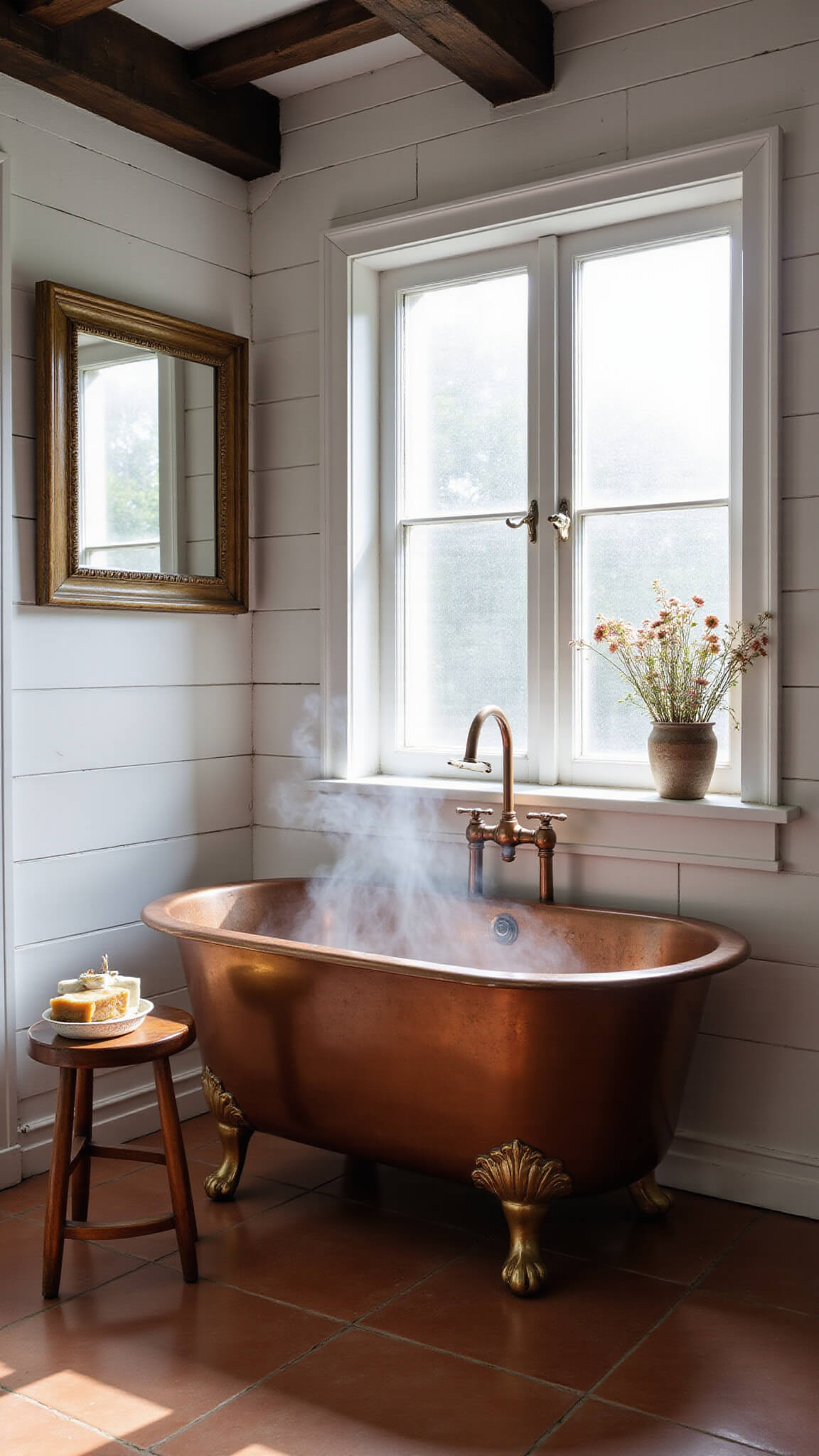 Freestanding copper tub with rising steam in sunlit bathroom, terracotta tiles, wooden stool with soaps, and white shiplap walls.