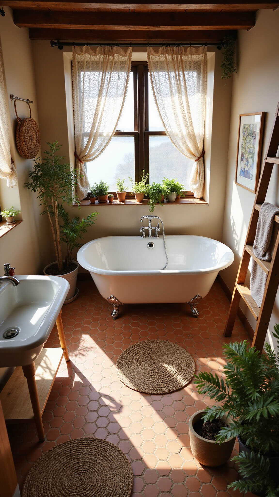 Overhead view of 8x10ft bathroom with honey-toned hexagonal terra cotta tiles, vintage sink, clawfoot tub, wooden storage ladder, lace-curtained window casting shadows, hanging dried herbs, corner ferns, and woven rugs in a warm neutral palette.