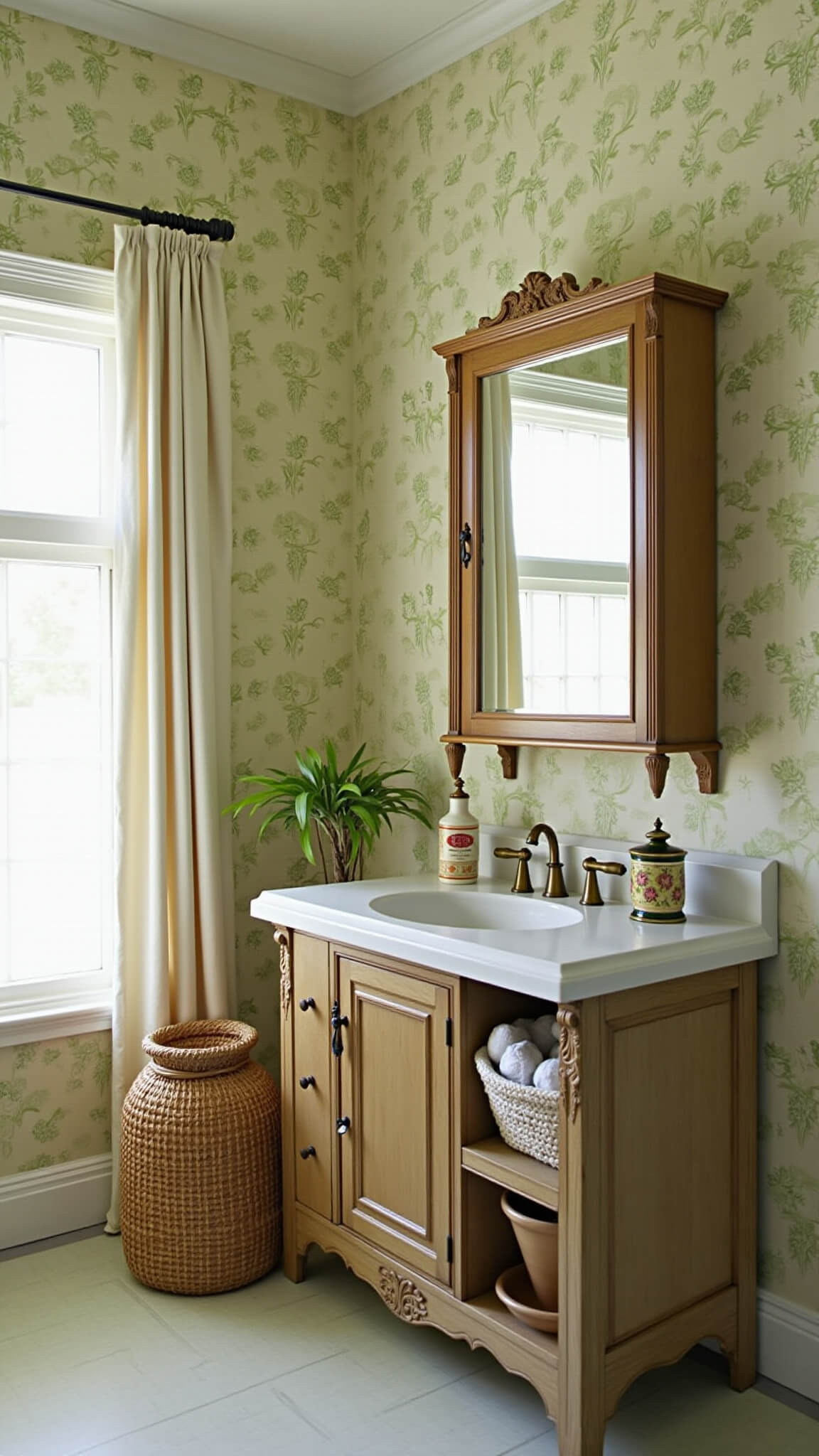 Romantic bathroom with botanical wallpaper, antique vanity, brass mirror, and vintage perfume bottles in soft morning light.