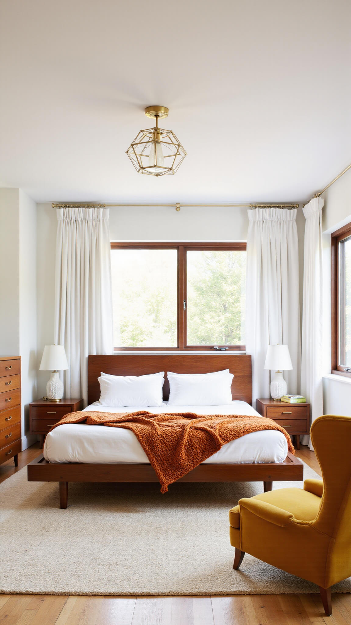 Sunlit mid-century modern bedroom with walnut platform bed, mustard velvet chair, teak dresser, and warm golden hour lighting.