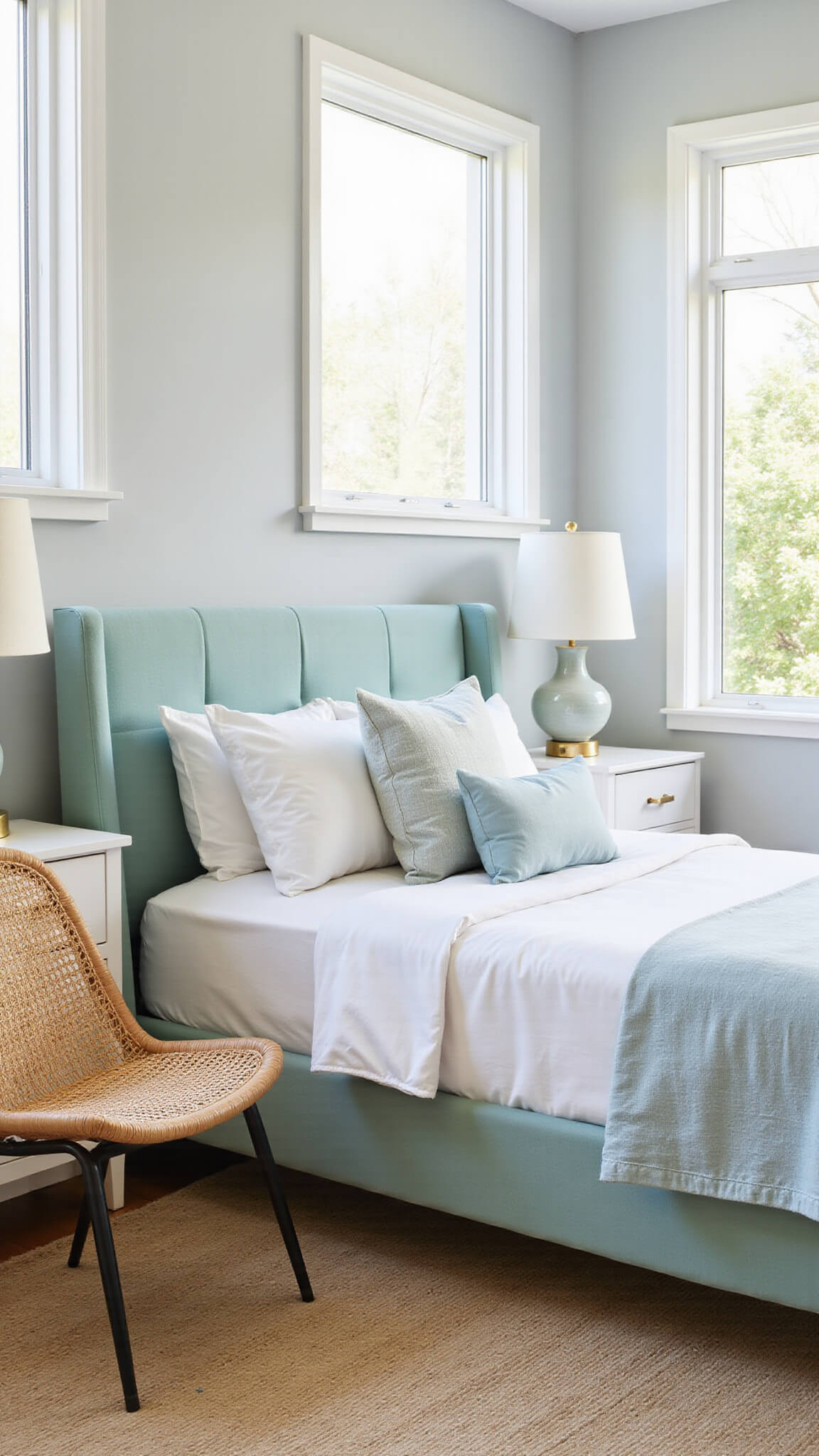 Coastal-MCM bedroom with sea foam green upholstered bed, natural light through large windows, rattan chair, white oak nightstands, layered blue and white bedding, jute rug, and vintage accents.