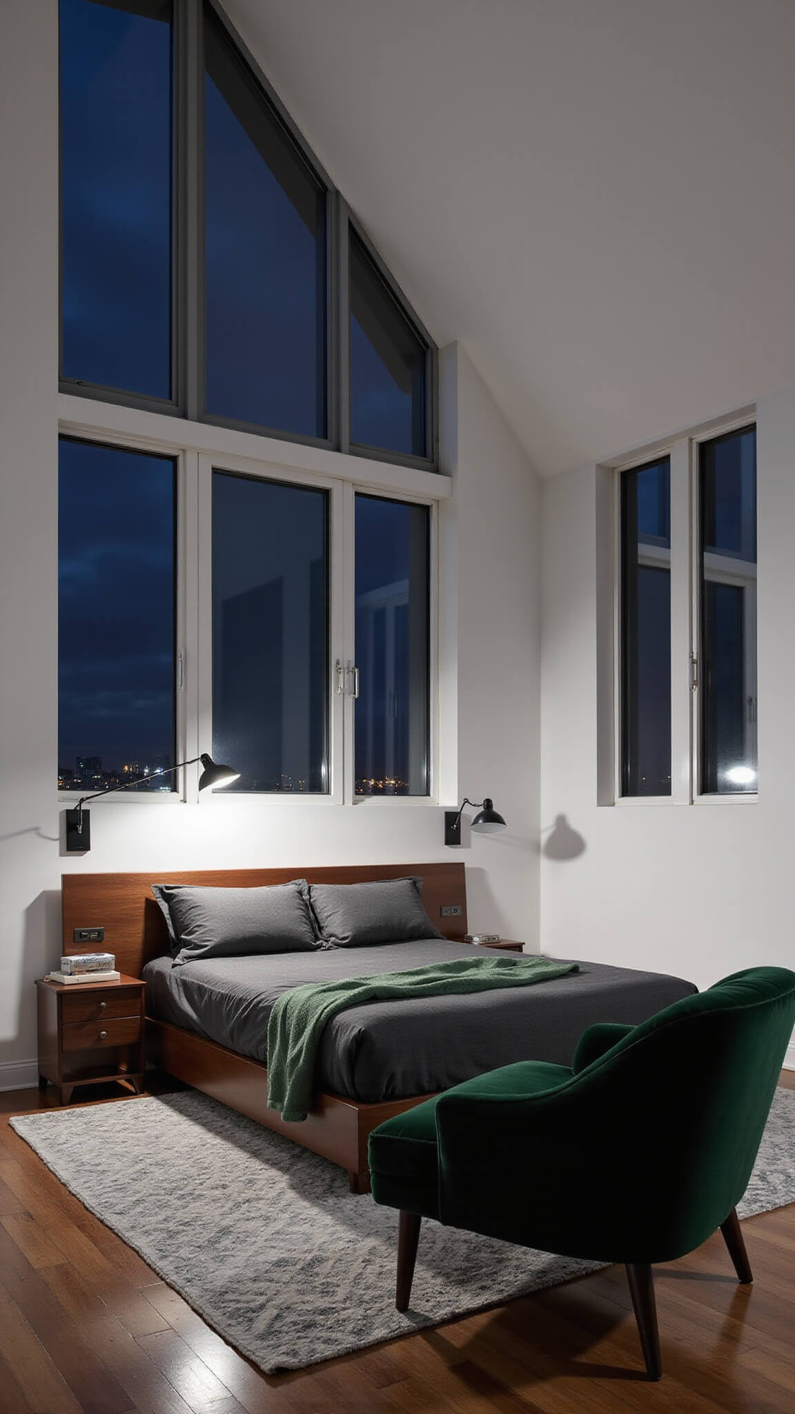 Minimalist mid-century bedroom at dusk with platform bed, walnut nightstands, emerald green chair, and city lights through floor-to-ceiling windows.