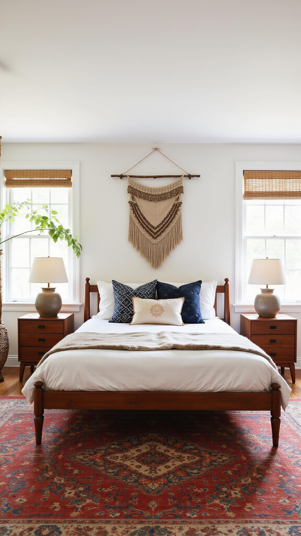 Boho-MCM bedroom with teak spindle bed, layered textiles, rosewood nightstands, Moroccan rug, rattan chair, fiddle leaf fig, and natural light through bamboo shades.