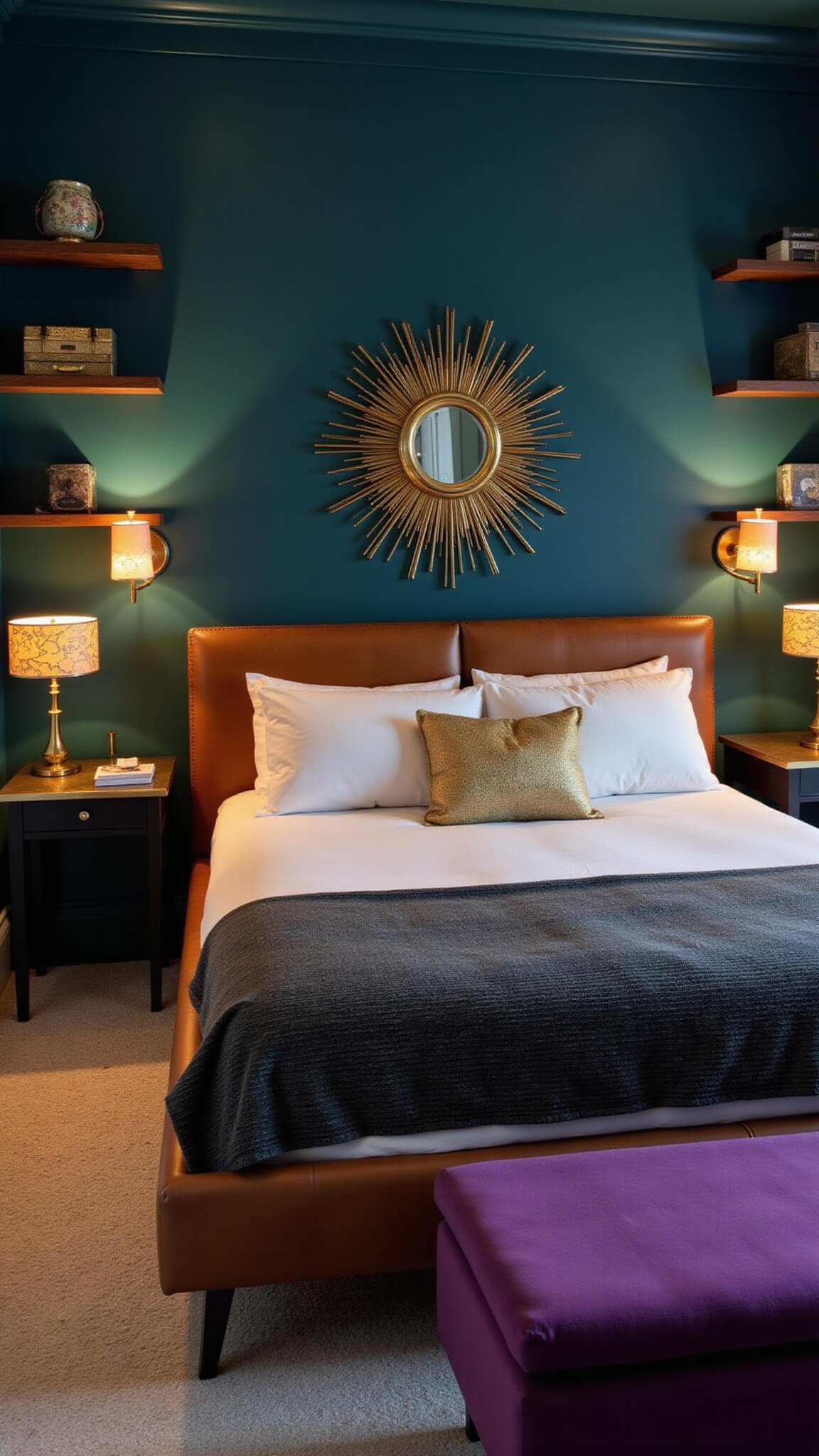 Retro-glam bedroom at twilight with cognac leather bed, dark teal accent wall, brass decor, and jewel-toned furnishings.