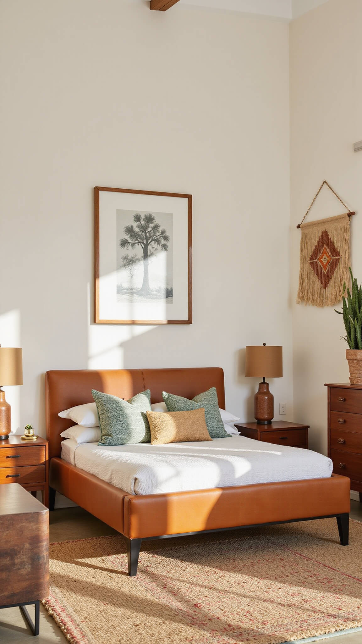 Desert modern bedroom with tan leather platform bed, Navajo rug, ceramic lamps, MCM dresser, and golden hour lighting.