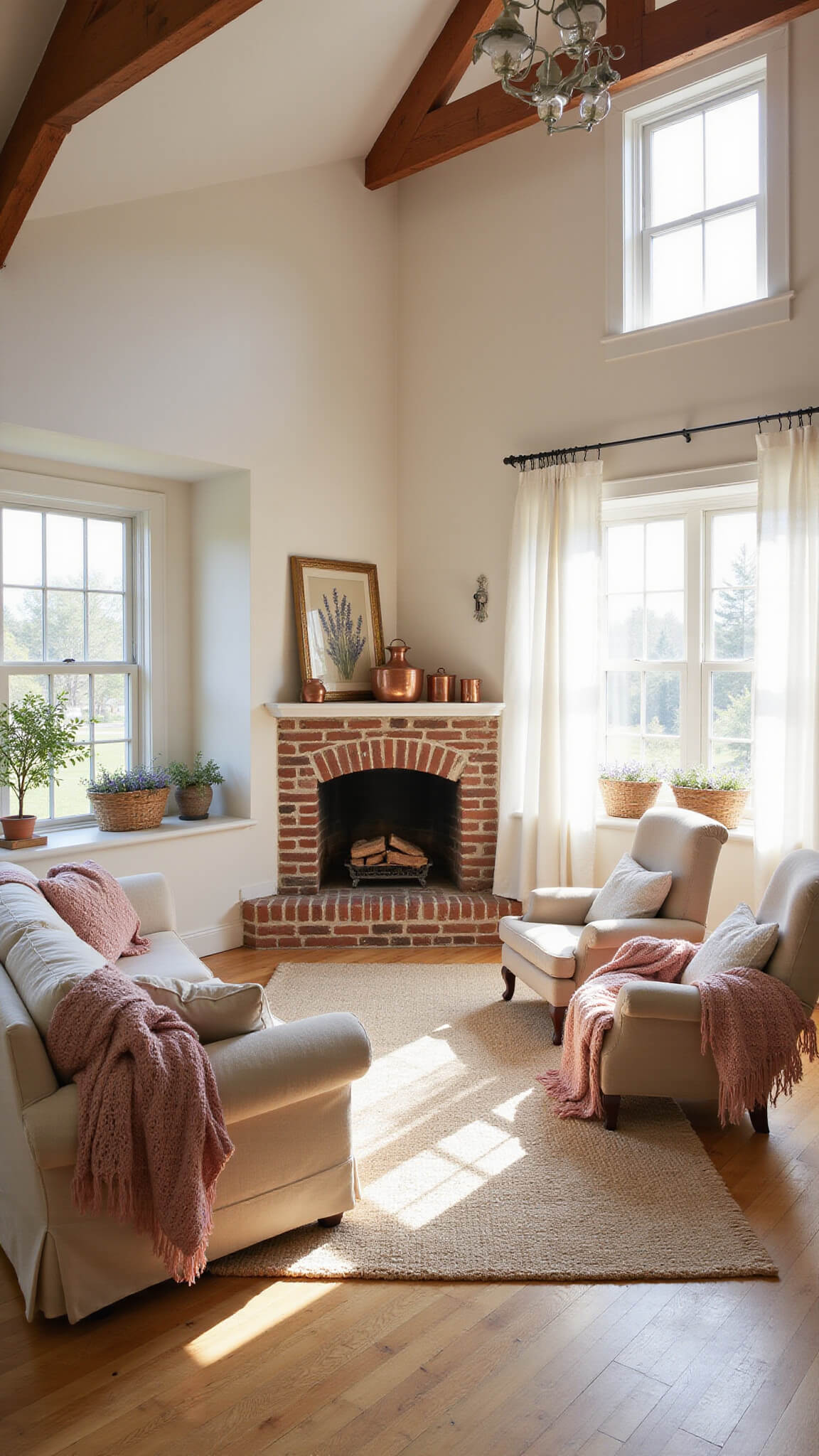 Cozy farmhouse living room with linen sofa, brick fireplace, and warm golden hour light streaming through gauzy curtains.