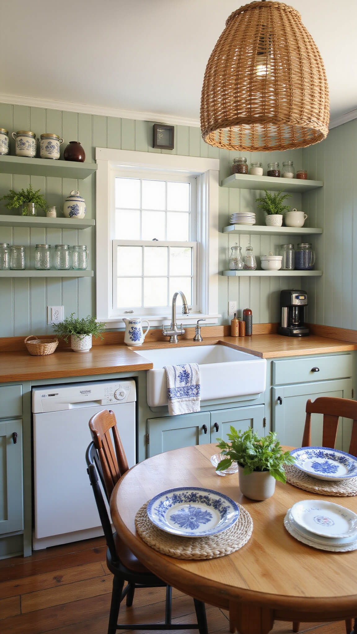 Cozy cottage kitchen with sage green cabinets, butcher block counters, farmhouse sink under window with herbs, and round oak table set with blue willow china.