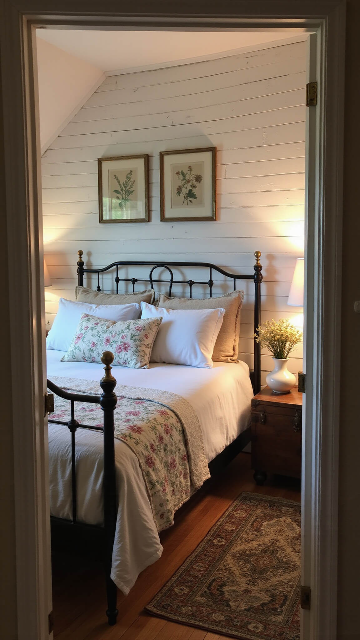 Cozy 12x14ft bedroom with sloped ceiling at dusk, featuring a wrought iron bed with vintage floral quilt, shiplap walls, botanical prints, and a trunk bedside table with lamp and dried flowers.