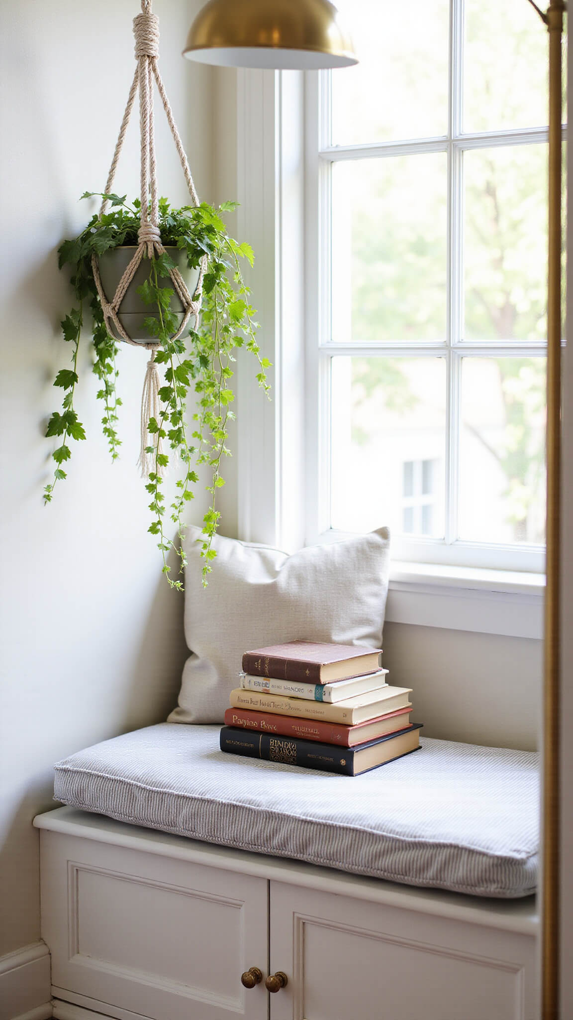 Cozy 8x10ft reading nook with window seat, ticking stripe cushion, vintage books, trailing ivy in macramé hanger, and warm brass floor lamp in soft mid-morning light.