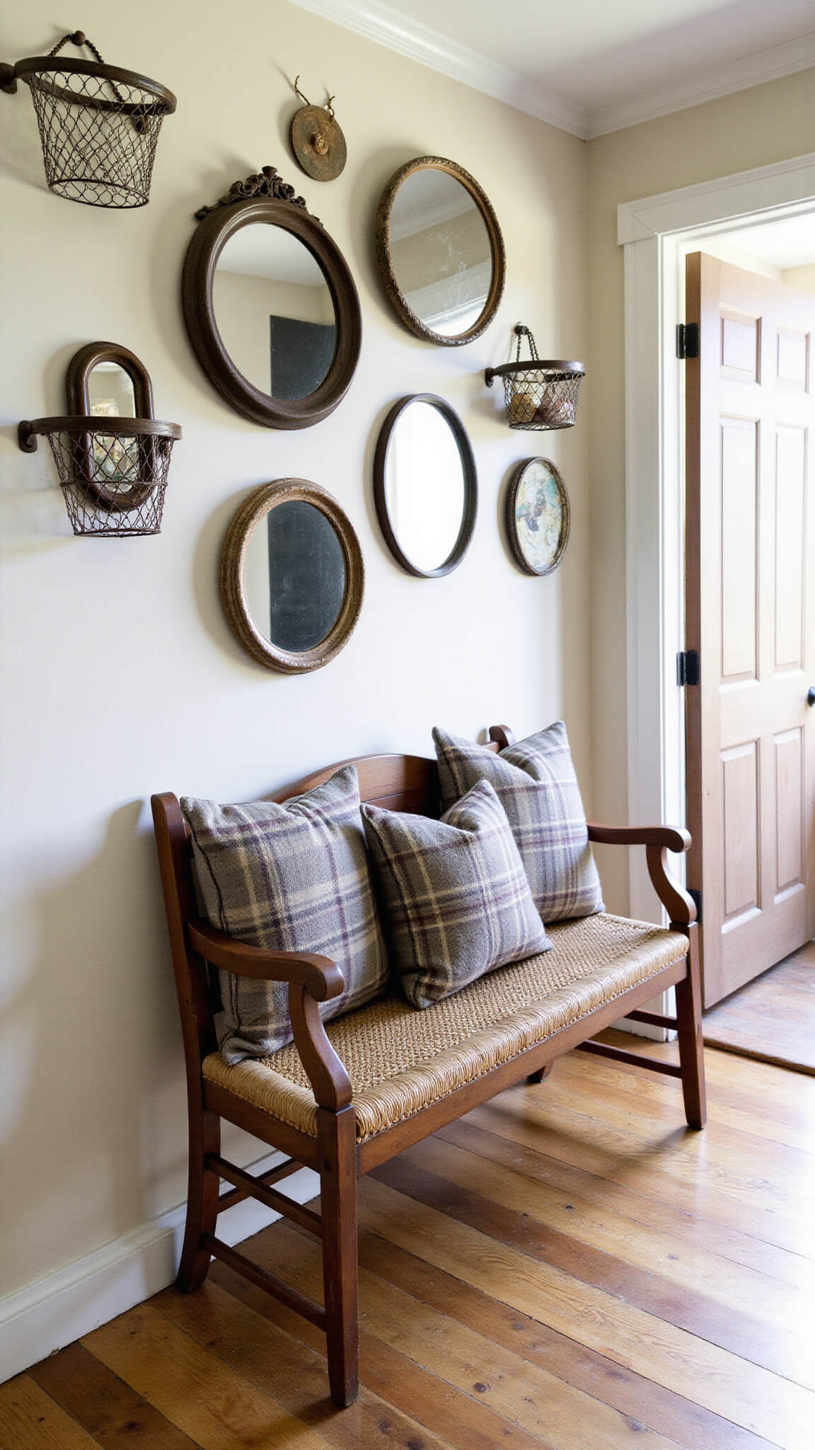 Rustic 6x8ft entryway with antique bench, plaid cushions, vintage mirrors, wire basket storage, and natural light highlighting original hardwood floors.
