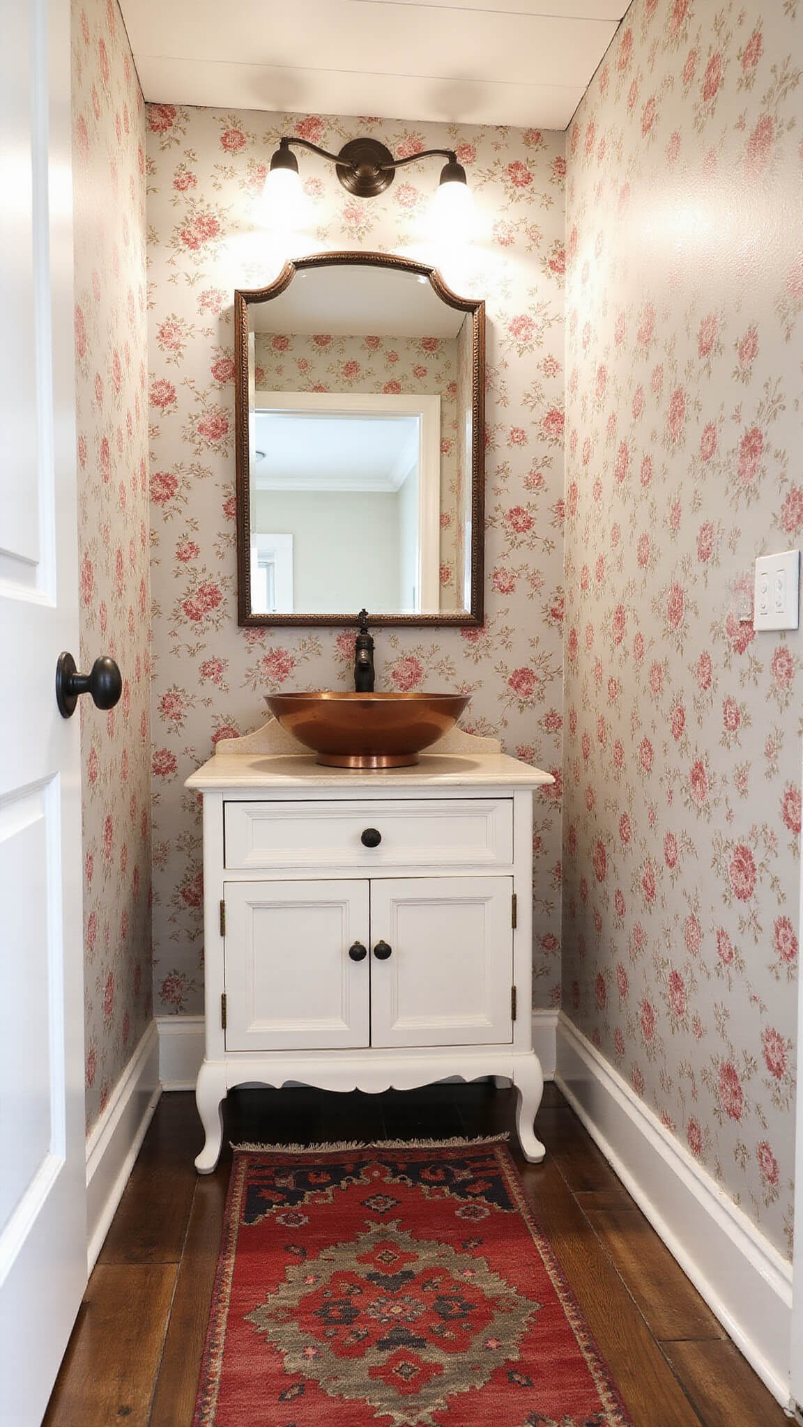 Vintage-style powder room with floral wallpaper, copper sink on repurposed washstand, and kilim rug on wood floor.