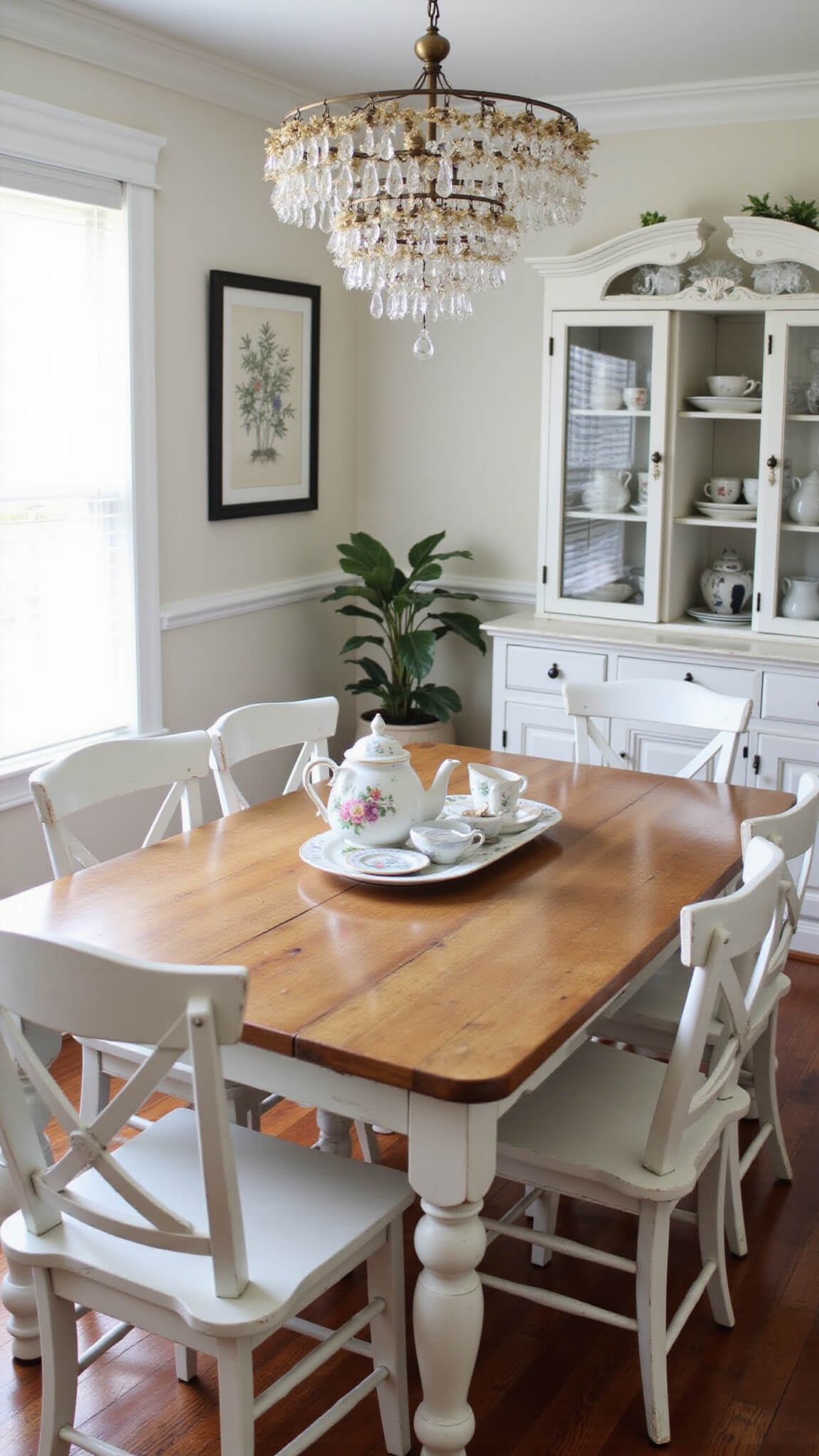 Afternoon tea in cozy 15x15ft dining room with reclaimed oak farmhouse table, mismatched white chairs, vintage china cabinet, and crystal chandelier adorned with dried flowers.