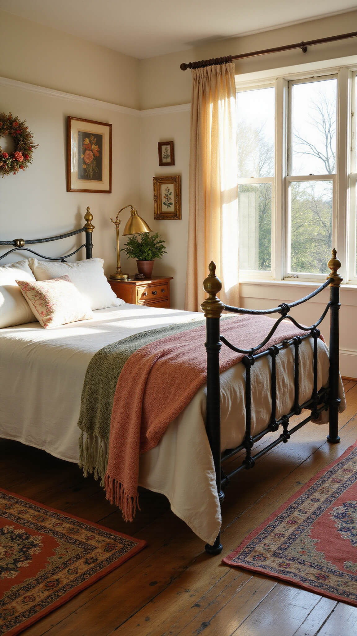 Sunlit cottage bedroom with iron bed, vintage linens, Persian rugs, and lace-draped windows glowing at golden hour.