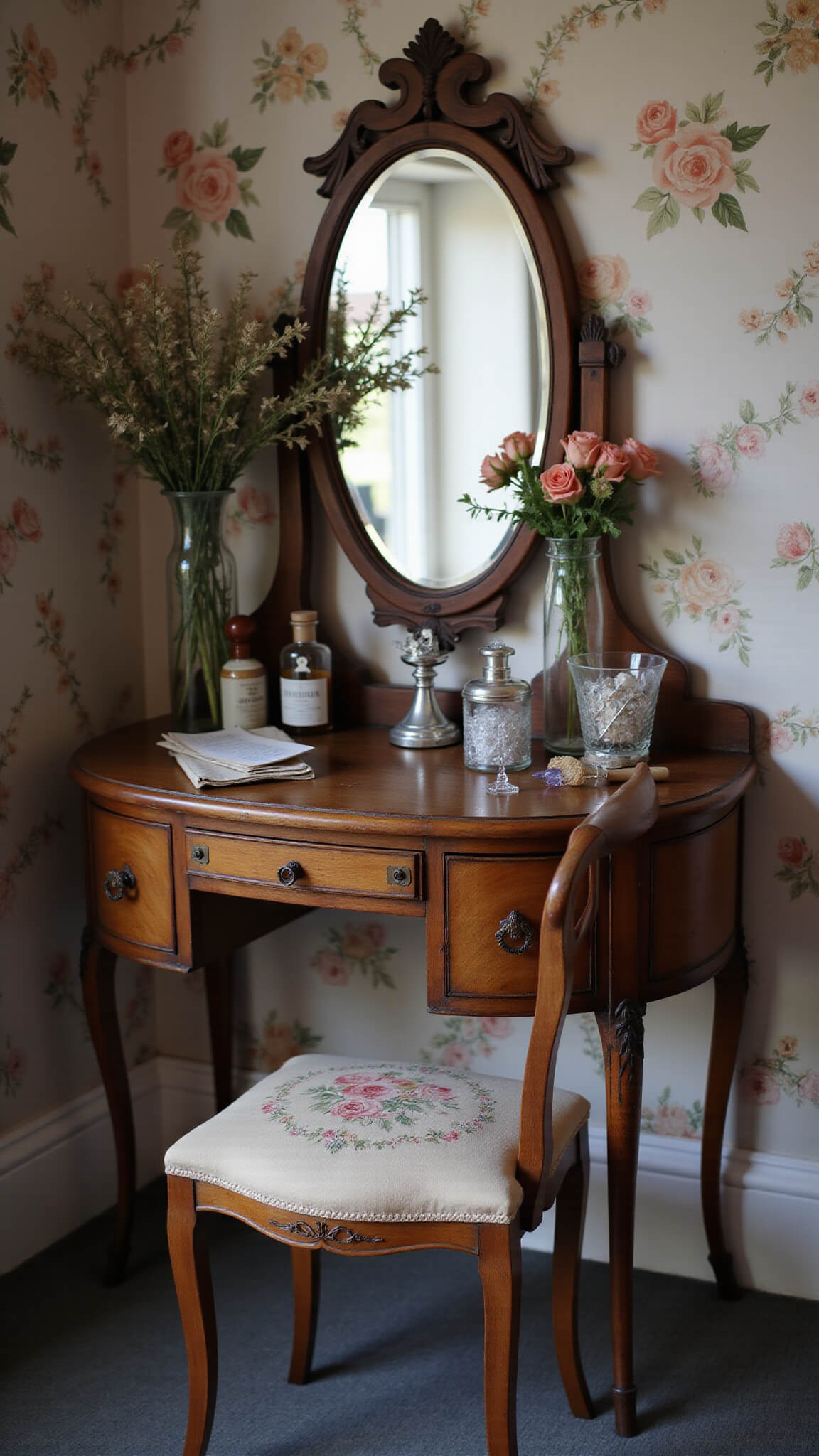 Victorian-style bedroom corner with vintage vanity, wildflower arrangements, and soft evening light casting rainbow reflections.