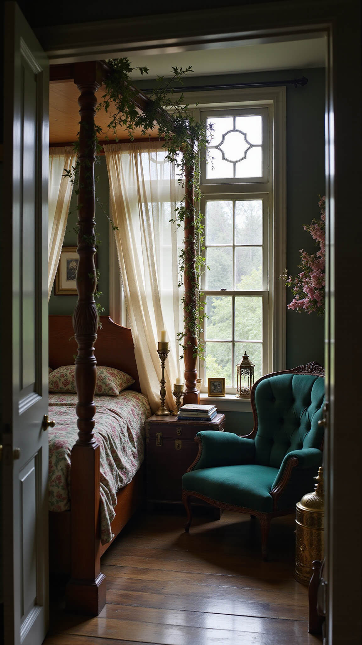 Fairycore bedroom with four-poster bed, gossamer curtains, fairy lights, ivy-draped bedposts, antique trunk with vintage books and brass candlesticks, velvet chair by leaded windows, and Moroccan lanterns casting shadows in moody morning light.