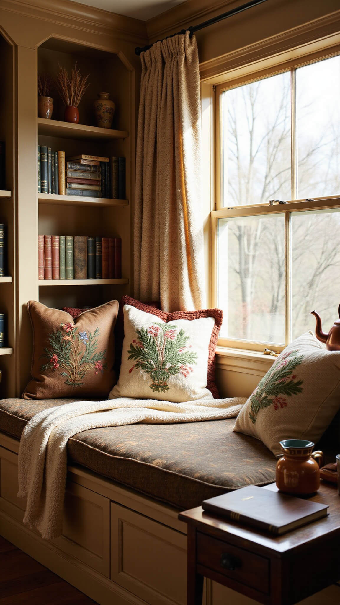 Cozy 11x13ft reading nook with vintage floral window seat, built-in bookshelves, leather-bound books, dried grasses in pottery, chunky knit throws, and rustic side table with copper kettle and teacup in warm earth tones.