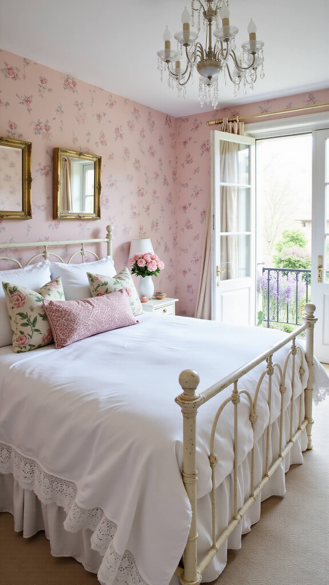 Shabby chic bedroom with white iron bed, blush pink rose wallpaper, crystal chandelier, vintage mirrors, and French doors opening to a balcony with potted lavender.