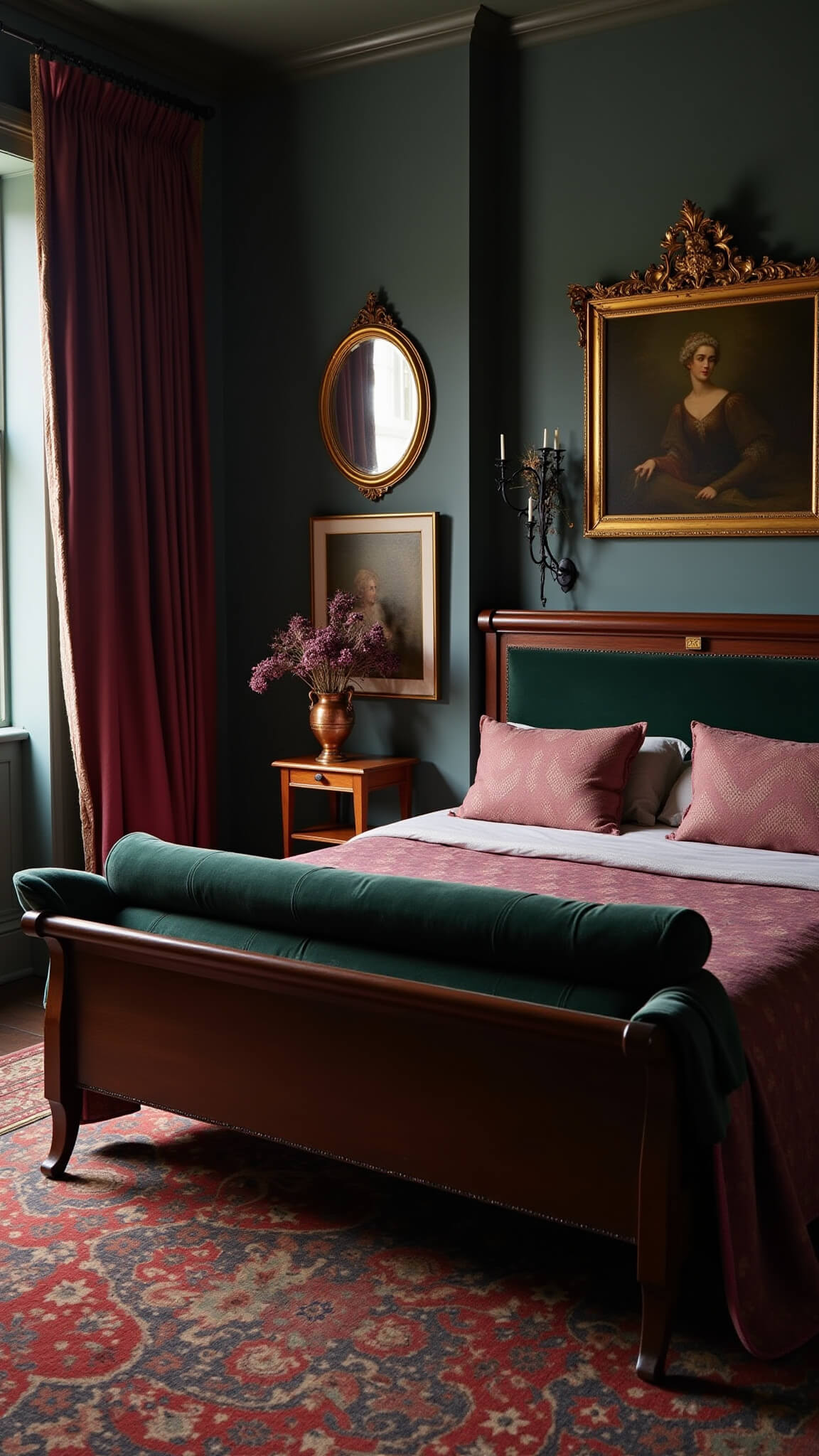 Gothic romantic cottagecore bedroom with mahogany sleigh bed, deep green velvet headboard, antique mirrors, candelabras, dried flowers, and dim lamplight casting moody shadows.