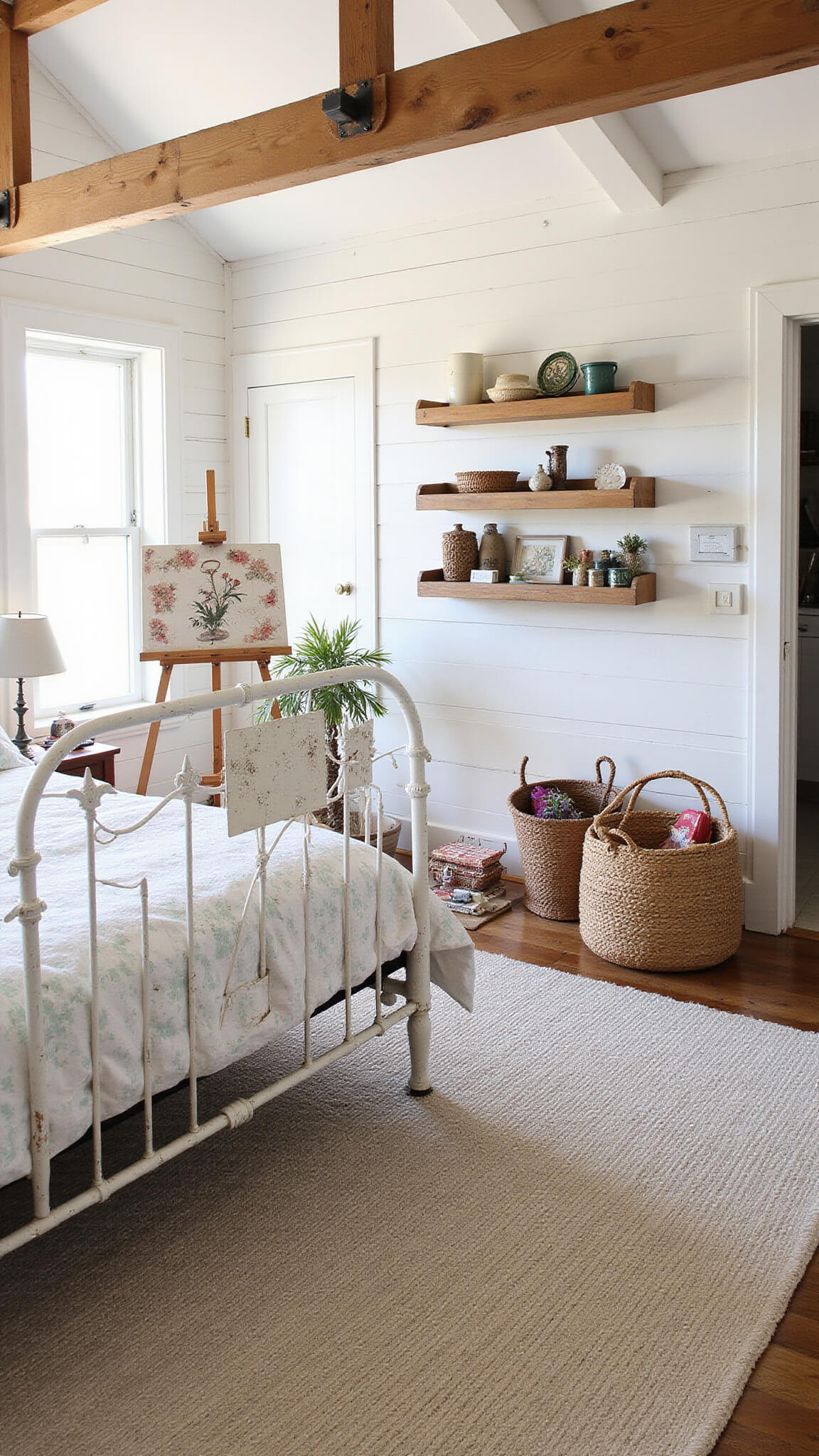 Artist's cottage bedroom with white iron bed, vintage quilts, botanical art on easel, dried flowers, and natural textures in morning light.