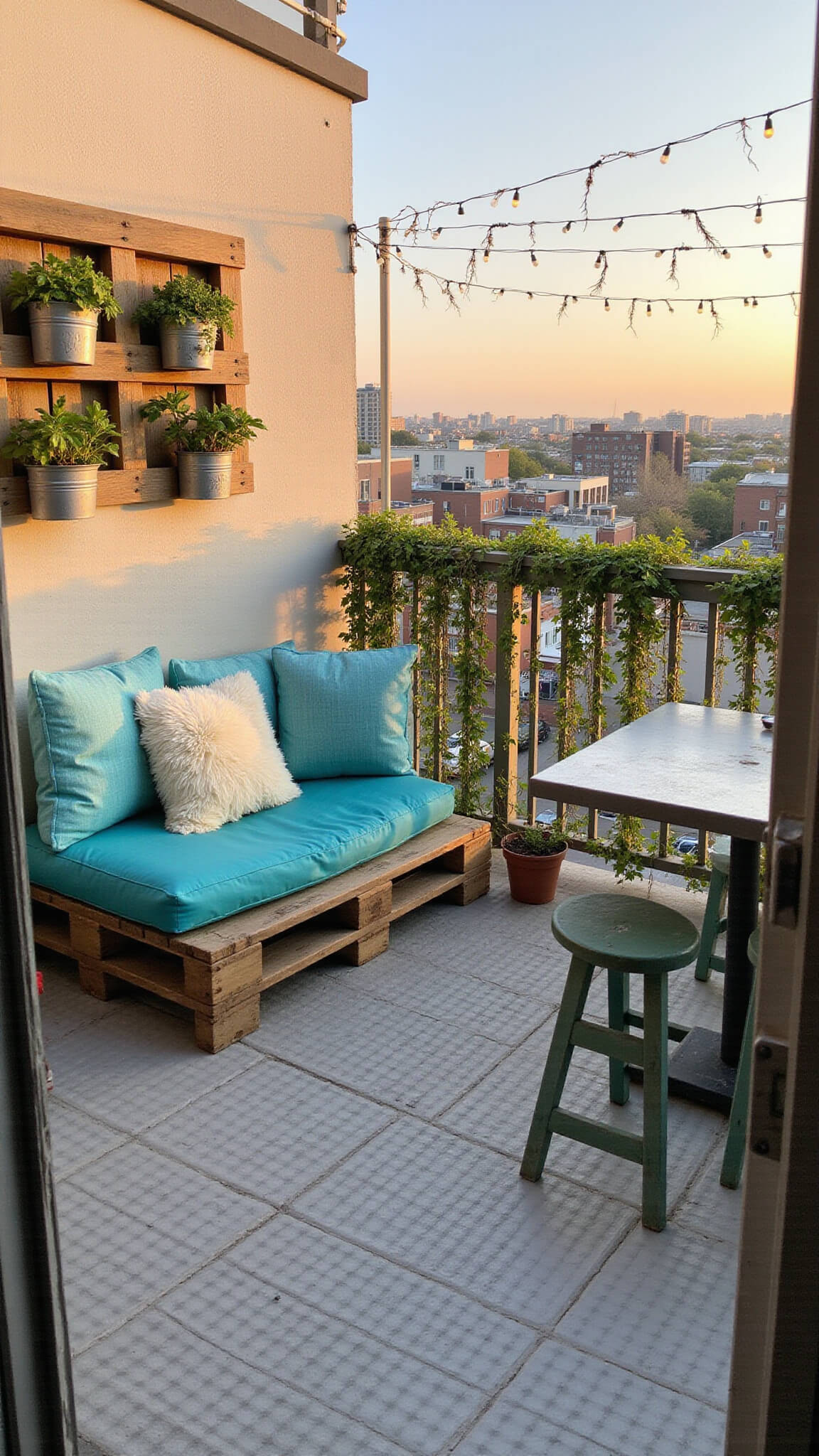 Cozy urban balcony at golden hour with wooden pallet seating, teal and cream cushions, string lights, herb garden in tin containers, and trailing pothos plants in macramé hangers.