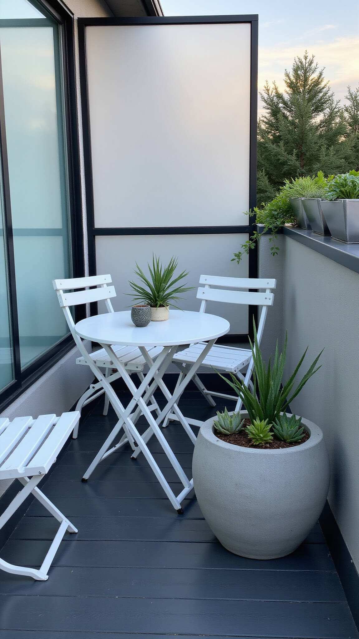 Modern minimalist balcony with white bistro set, charcoal decking, geometric planters, frosted glass panels, and rail-mounted herb garden during blue hour.