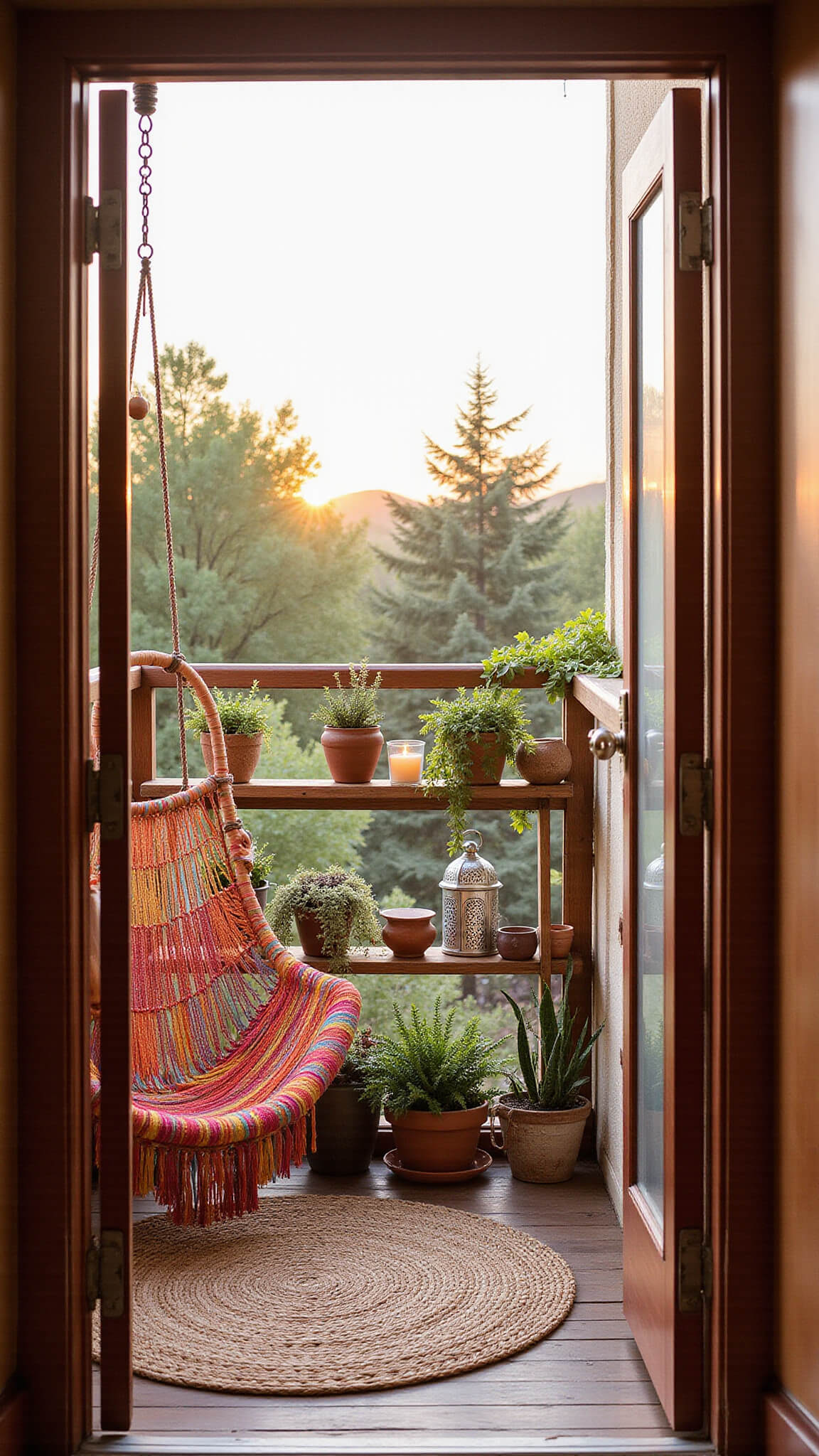 Bohemian micro-balcony at sunset with rainbow macramé hanging chair, Moroccan lanterns, trailing plants in ceramic pots, and jute rug on bamboo tiles, viewed through interior doorway.