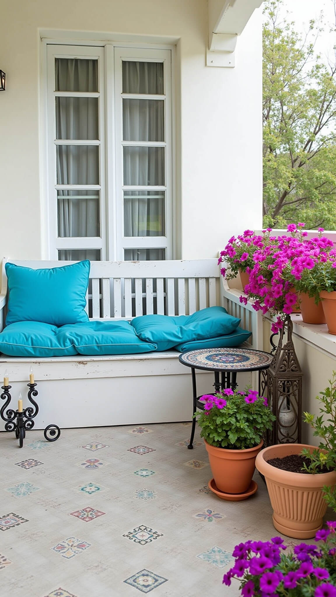 Mediterranean-style 4x8ft balcony with white bench, blue cushions, vibrant potted flowers, tile-effect floor, and sheer curtains in midday sun.