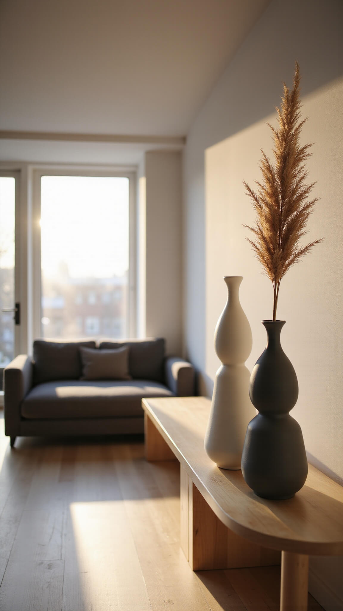 Minimalist living room with charcoal sectional and Japandi ceramic vases lit by golden hour sunlight streaming through floor-to-ceiling windows.