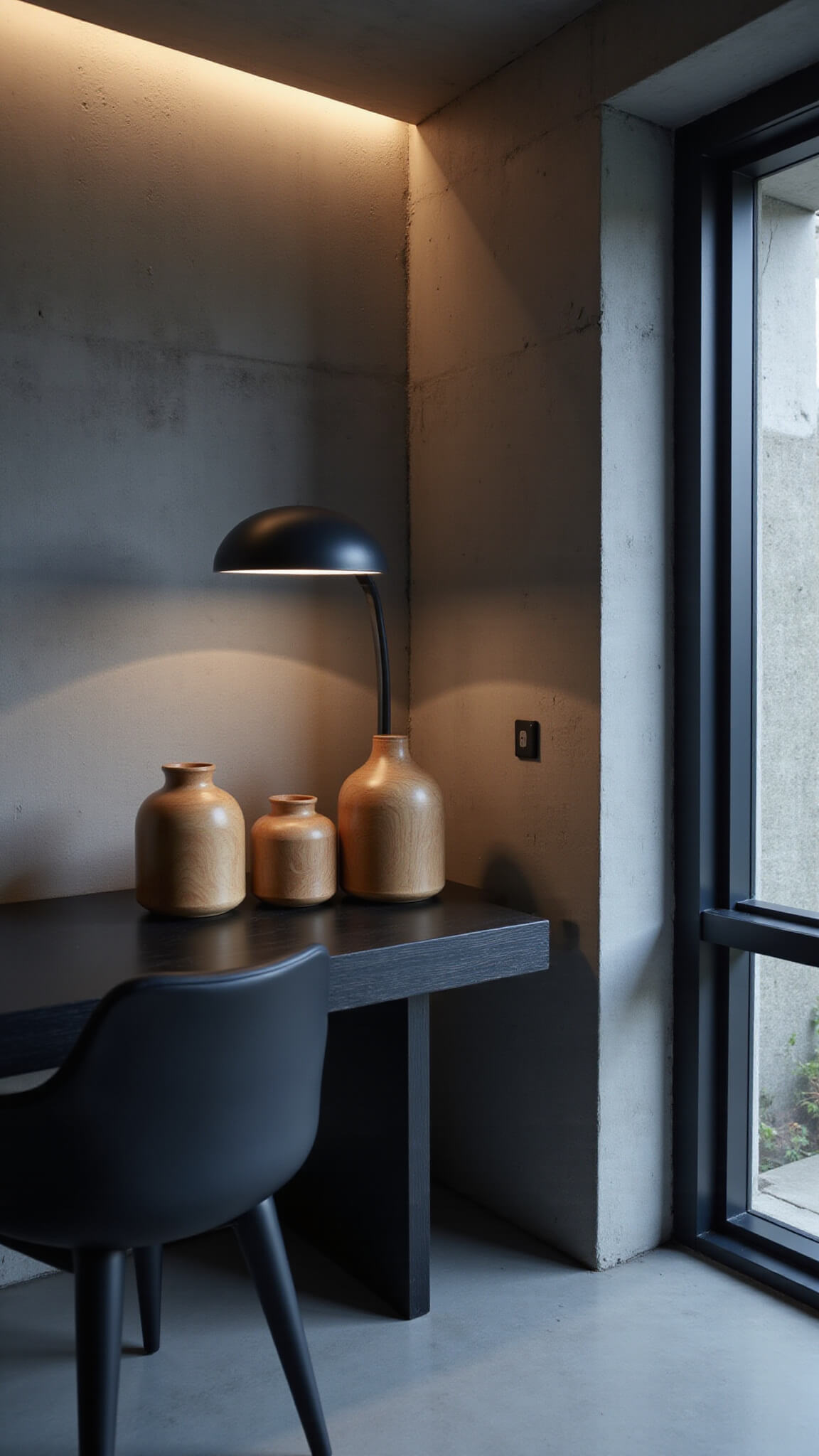 Minimalist home office corner with black ash desk and three empty wooden vases against exposed concrete walls, softly lit during blue hour.