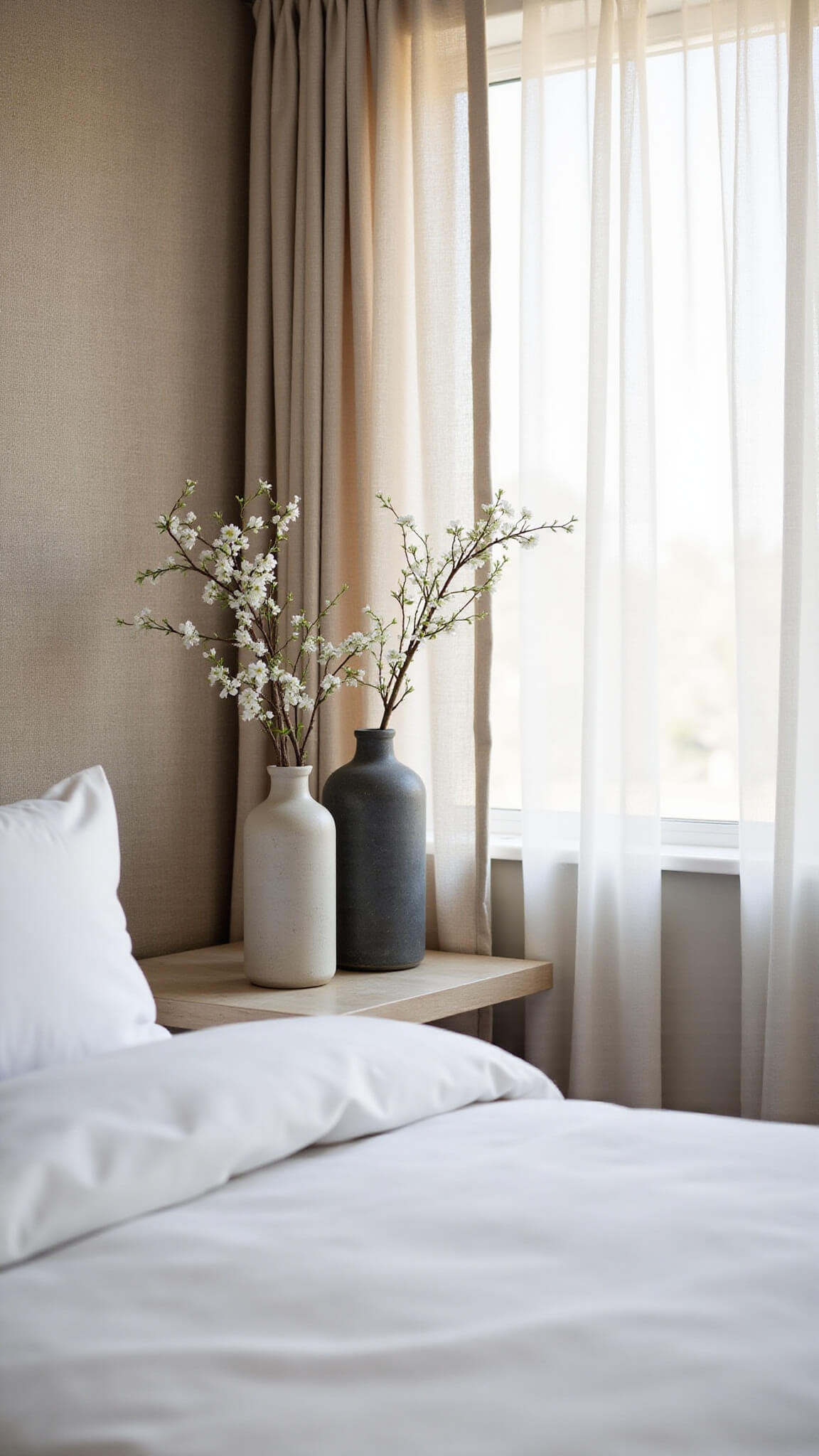 Serene 12x14ft bedroom at dawn with platform bed, white linens, cherry blossoms in Japandi vases, sheer curtains, and textured grasscloth wallpaper, bathed in soft morning light.