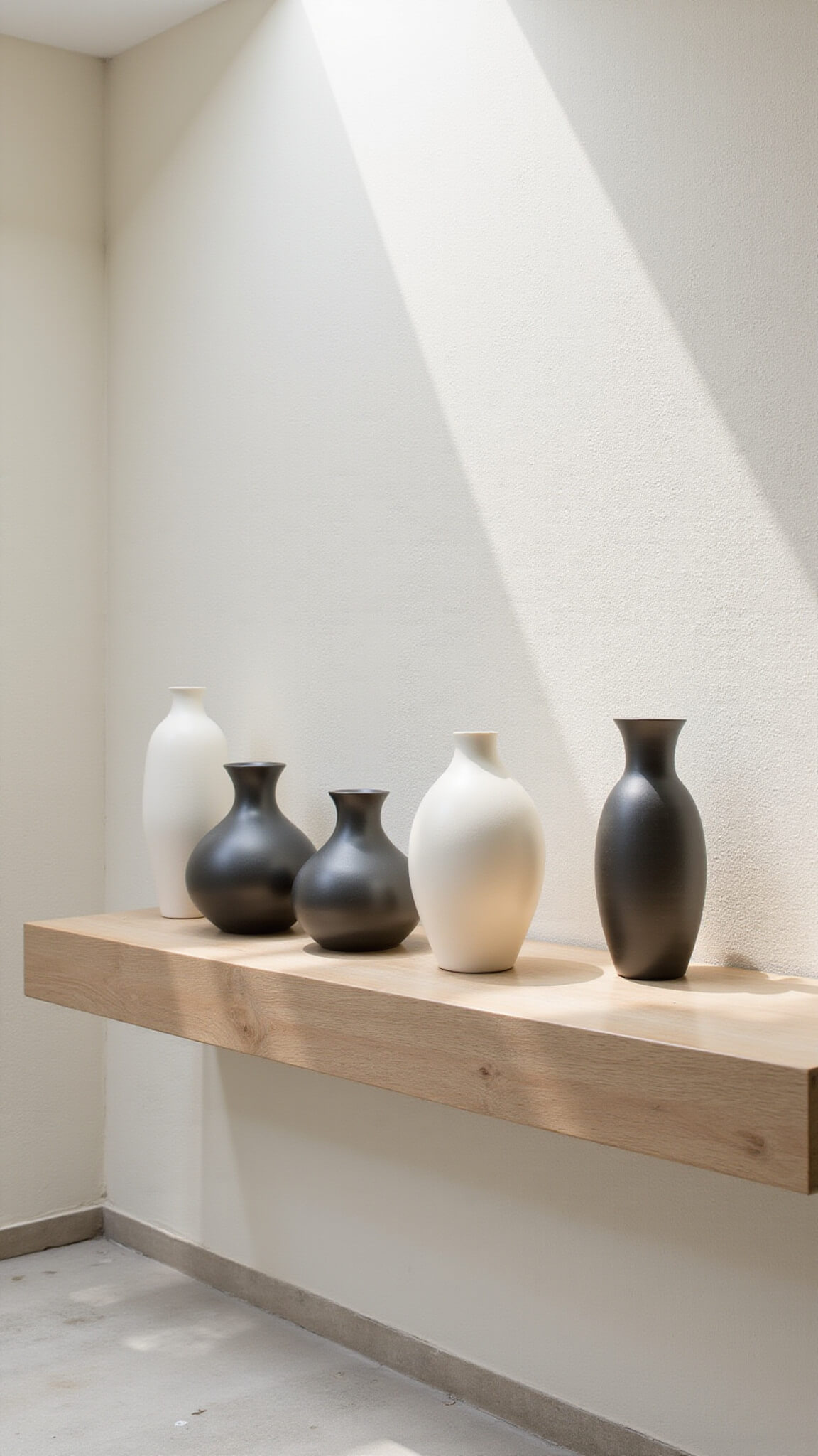 Bright 8x10ft entryway with floating bleached oak console, five matte Japandi vases in organic shapes, morning skylight casting crisp shadows on textured ivory wall.