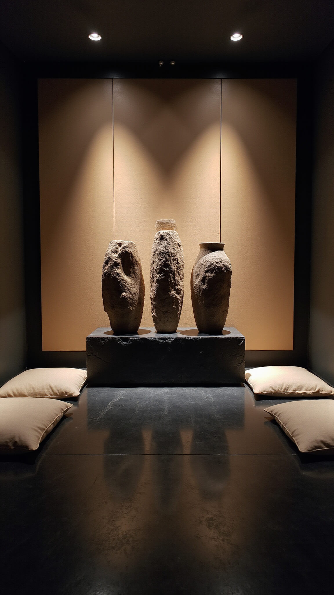 Zen-inspired meditation room with low linen cushions, black stone platform, and large Japandi vases silhouetted against a glowing paper screen, lit with dramatic uplighting and ethereal mist.