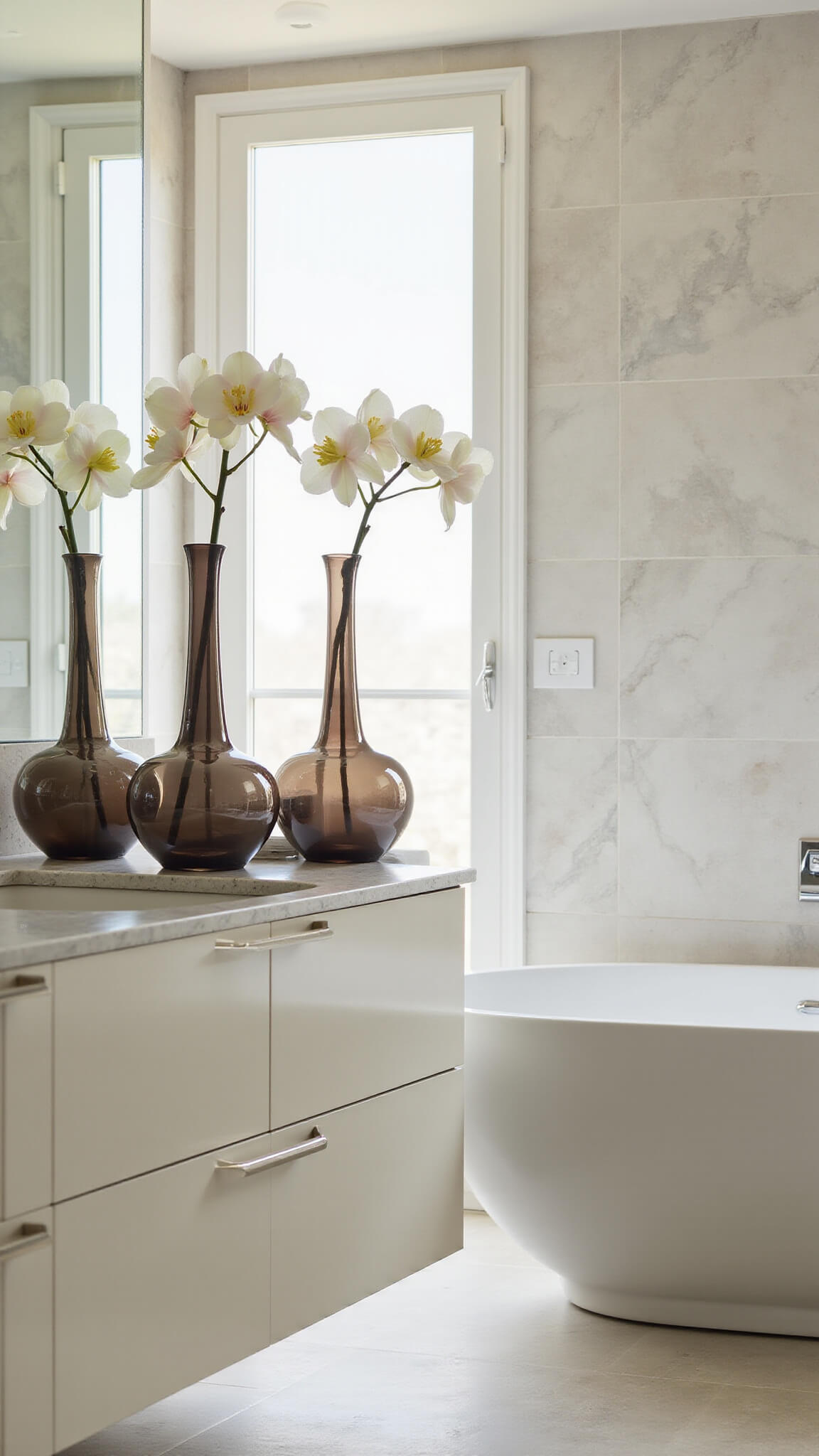 Contemporary marble bathroom with soaking tub, floating vanity, and smoky quartz Japandi vases with orchids.