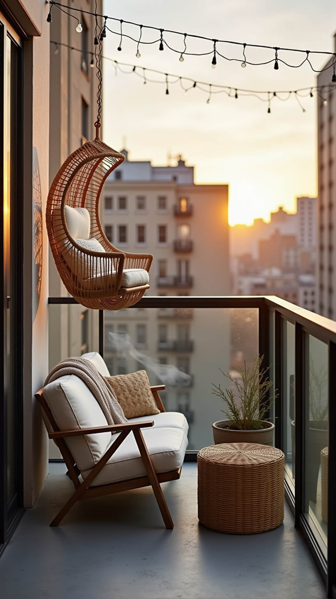 Cozy 6x8ft urban balcony at golden hour with gray loveseat, macramé hanging chair, rattan ottoman, and string lights under soft backlighting.