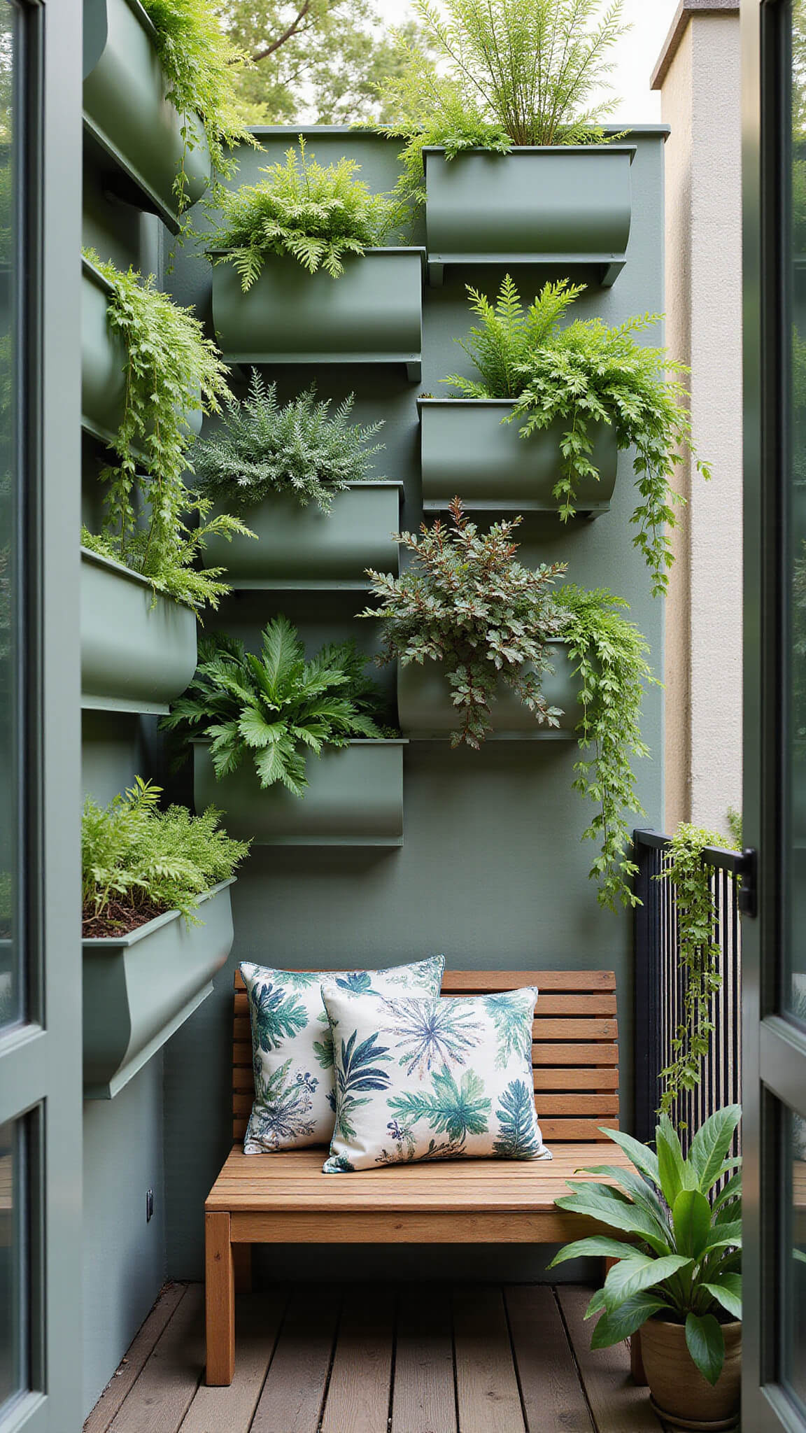 Vertical garden on a small balcony with layered green planters, lush foliage, and a teak bench with botanical cushions.