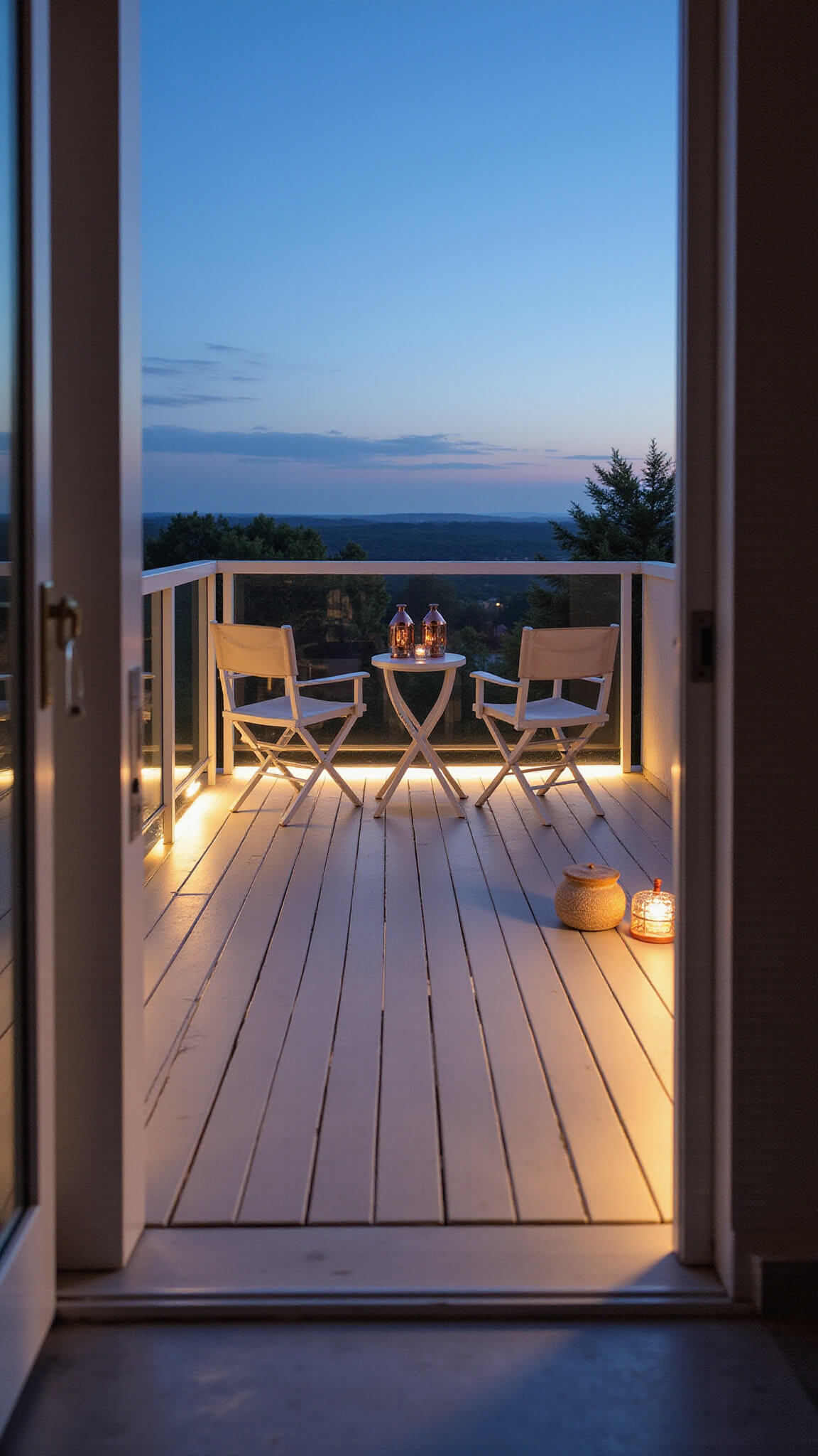Modern 7x9ft Scandinavian-style balcony at dusk with pale wood decking, white metal furniture, warm copper lanterns, and LED perimeter lighting, viewed from interior doorway.