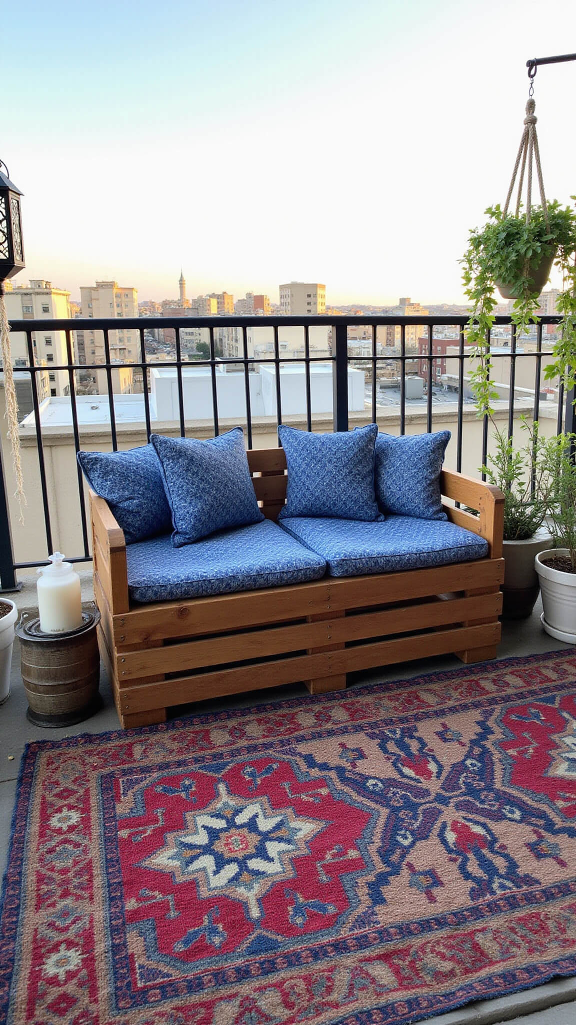 Bohemian micro-balcony with indigo cushions on crate seating, Moroccan lanterns, macramé plant hangers, and kilim rug during golden hour.