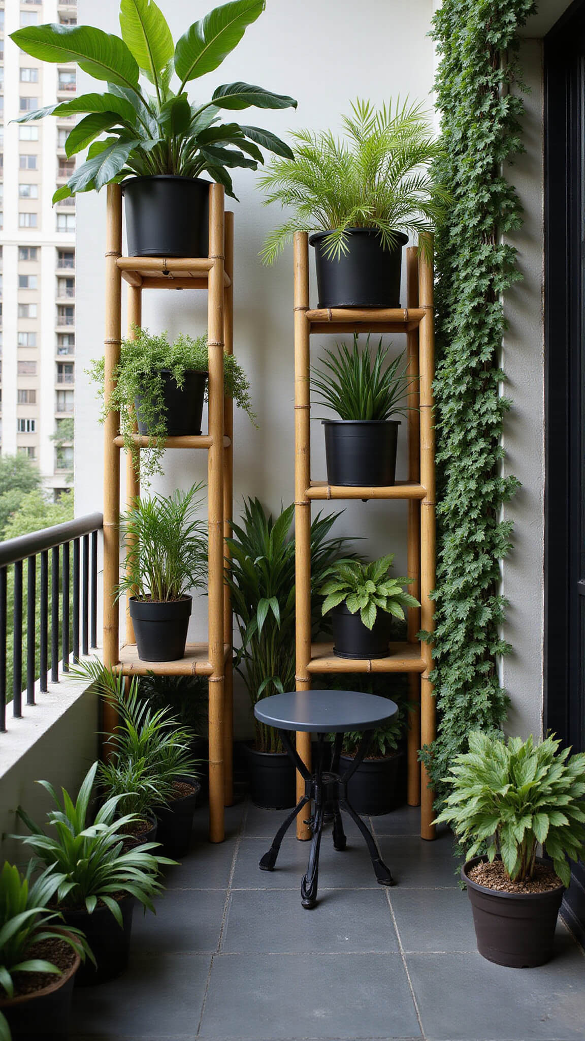 Urban balcony garden with bamboo plant stands displaying monstera, bird of paradise, and ivy; matte black bistro set on charcoal tiles under bright midday light.