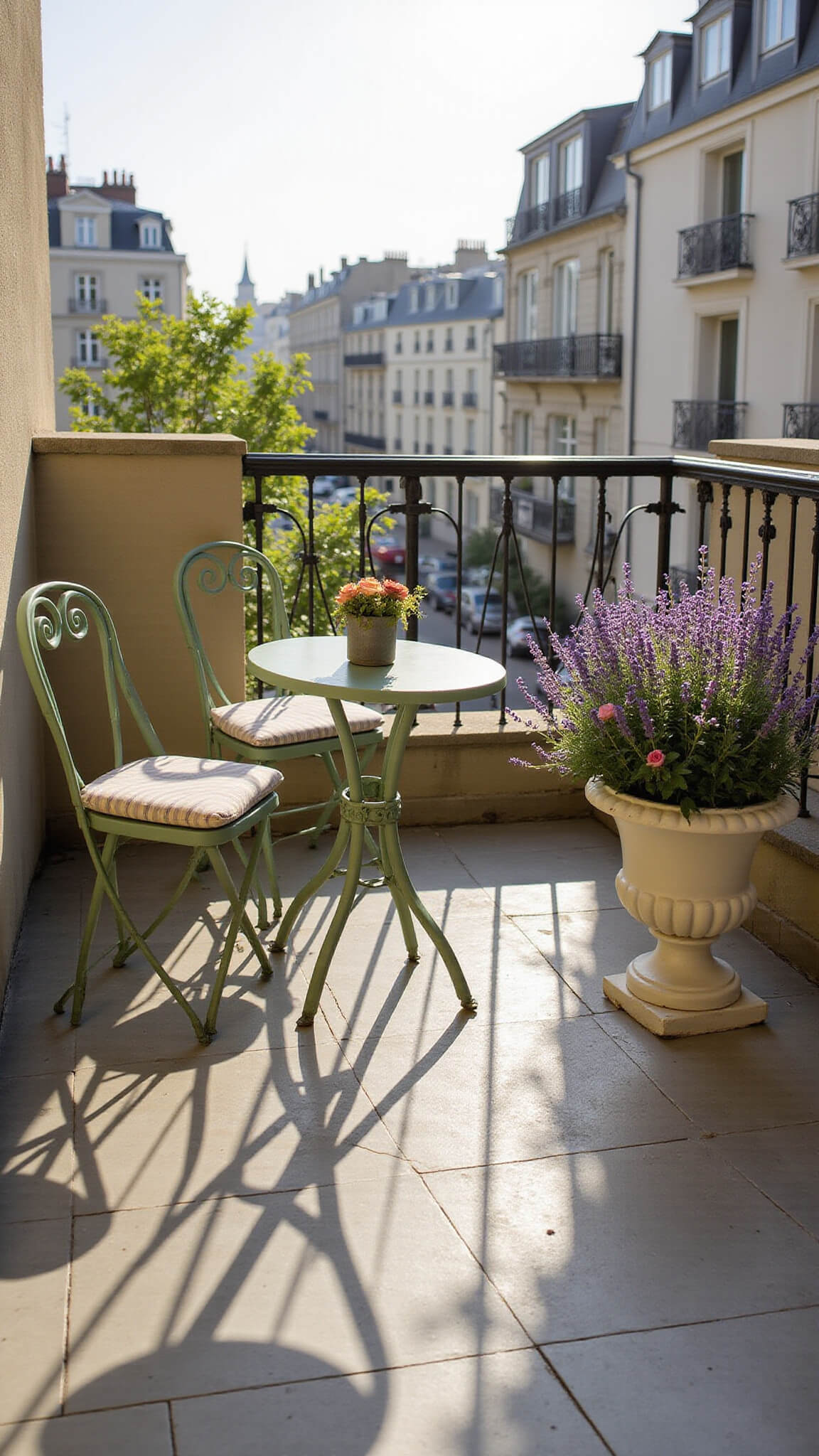 Parisian-style balcony at sunrise with sage bistro set, striped cushions, herringbone tile, and overflowing urns of lavender and roses.