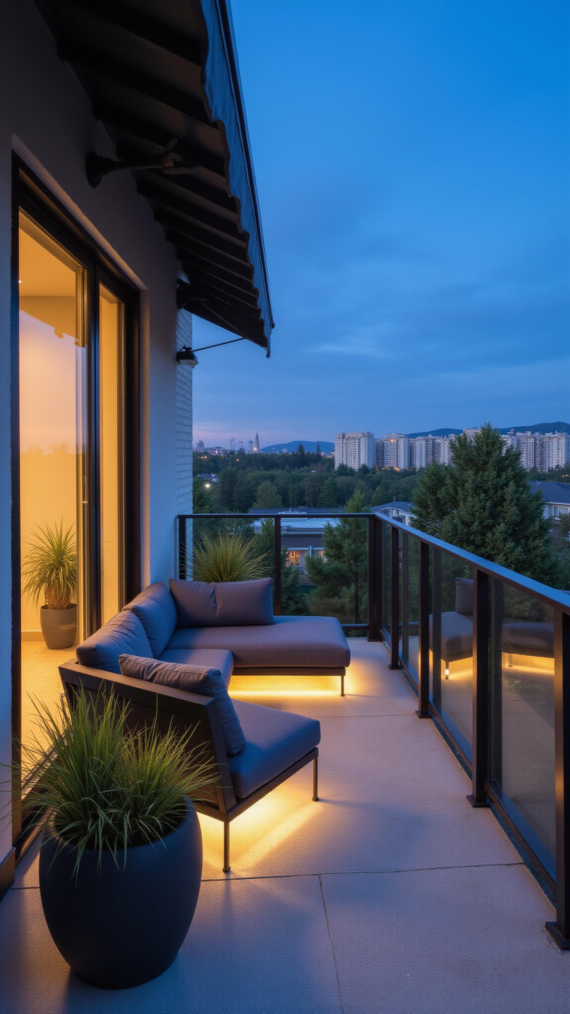 Modern 7x8ft balcony at blue hour with charcoal modular sectional, LED floor lighting, steel planters with grasses, retractable awning, and clean lines captured with tilt-shift lens.