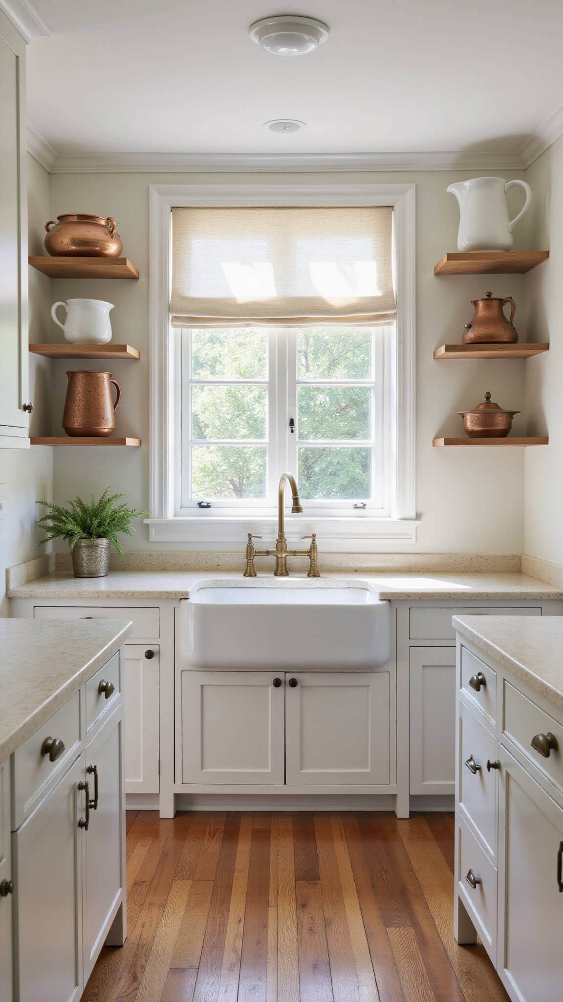 Farmhouse kitchen with white Shaker cabinets, quartz waterfall countertop, fireclay sink under window, oak flooring, and open shelving in warm morning light.