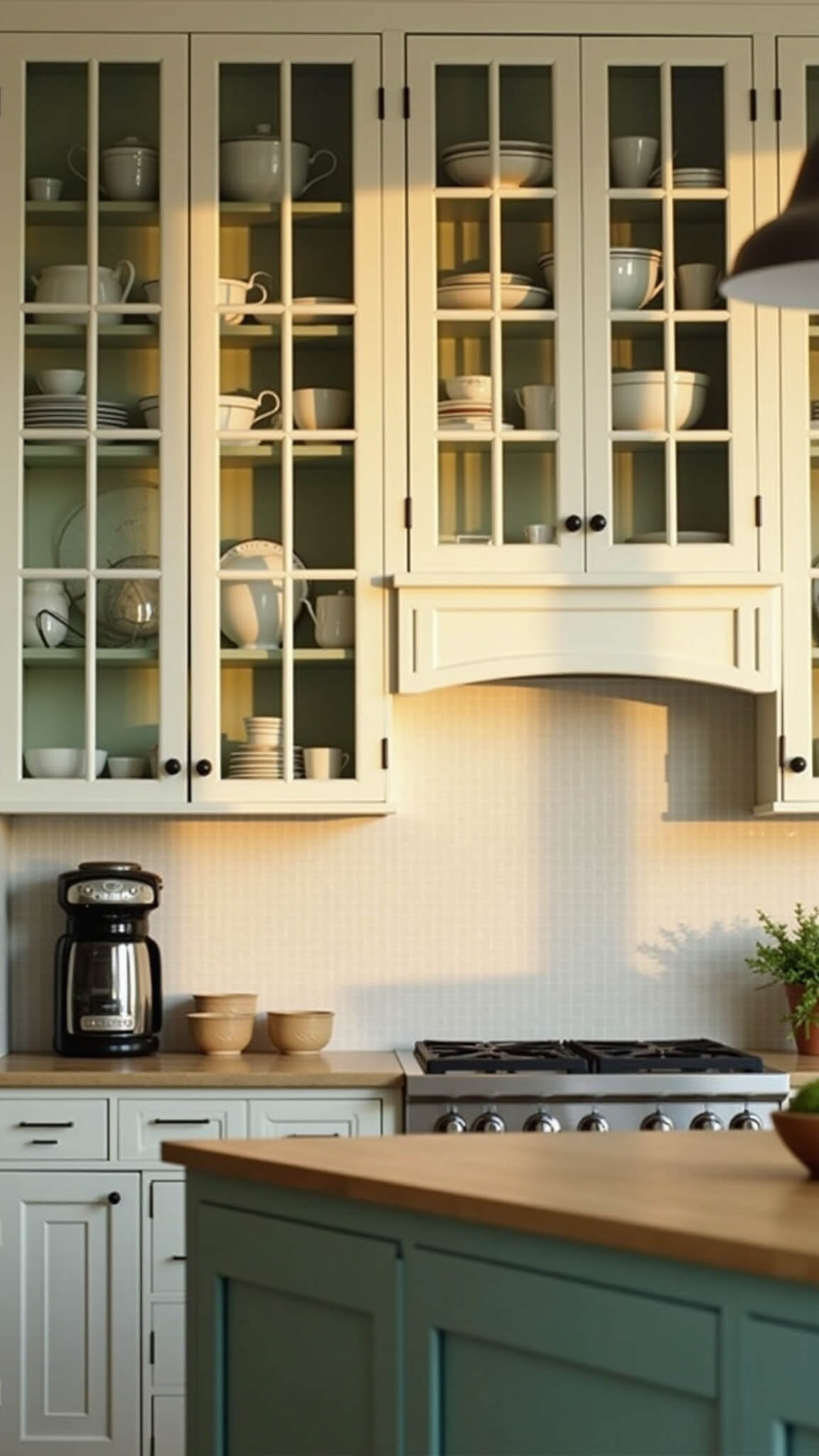 Late afternoon kitchen with white cabinets, sage green island, vintage enamelware, and golden hour lighting.