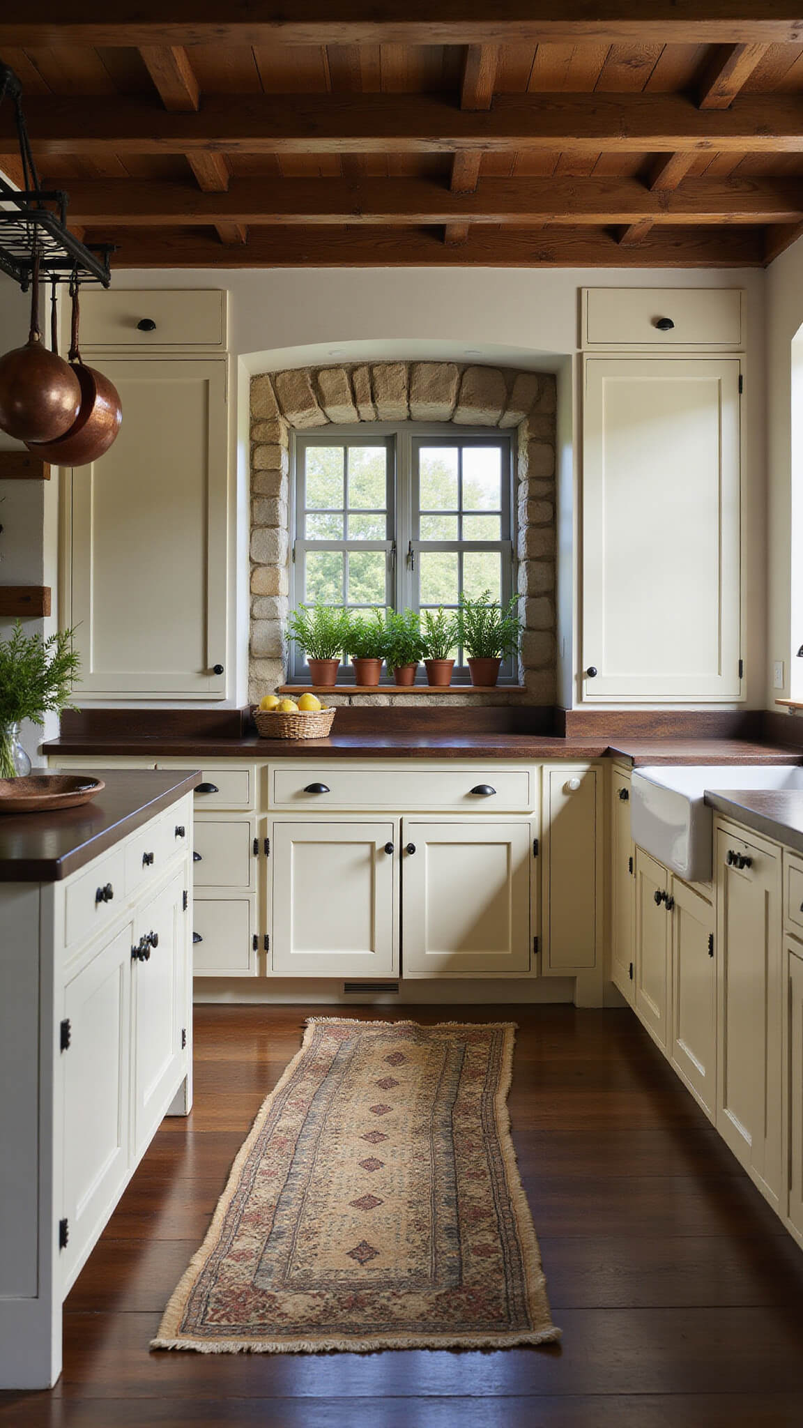 Rustic farmhouse kitchen at dusk with cream cabinets, wooden beams, copper pots, and herbs on windowsill.