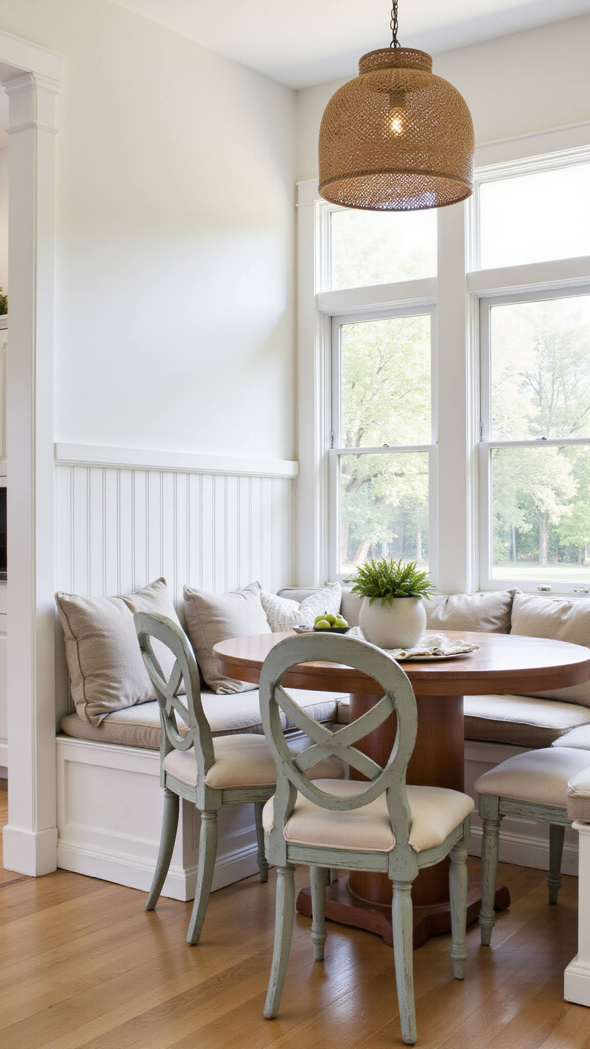 Sunlit breakfast nook with built-in bench and round table, vintage chairs, and woven pendant light, viewed at a dutch angle.